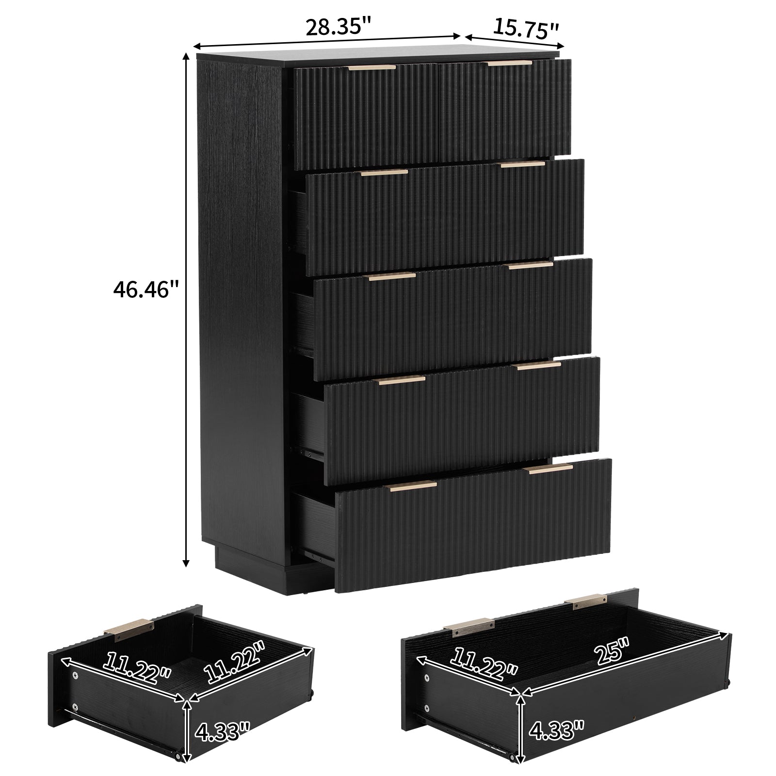 HAOYYE Black Five-Level Six-Drawer Storage Cabinet, P2 Particle Board & Density Board with Wavy Pattern Drawer Front, 72x41x117cm, Modern Multi-Function Storage Organizer for Bedroom, Living Room, Office, Durable and Stylish Home Storage Solution