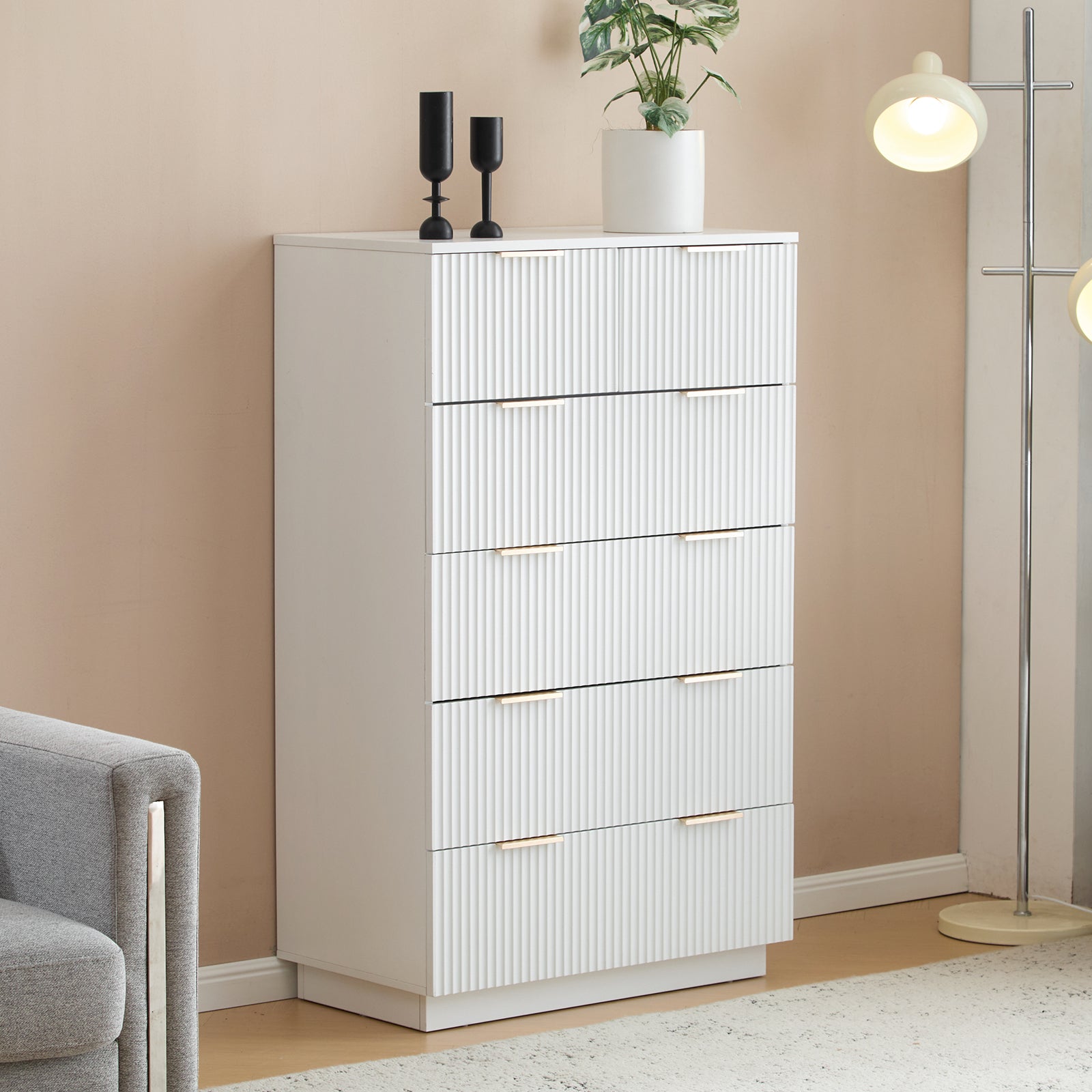 HAOYYE FCH White Six-Drawer Cabinet with Wavy Pattern Fronts, 5-Level Storage Unit, P2 Particle Board and Density Board, Spacious and Durable Bedroom Storage Solution, Modern Design for Clothes, Accessories, and Personal Items Organization