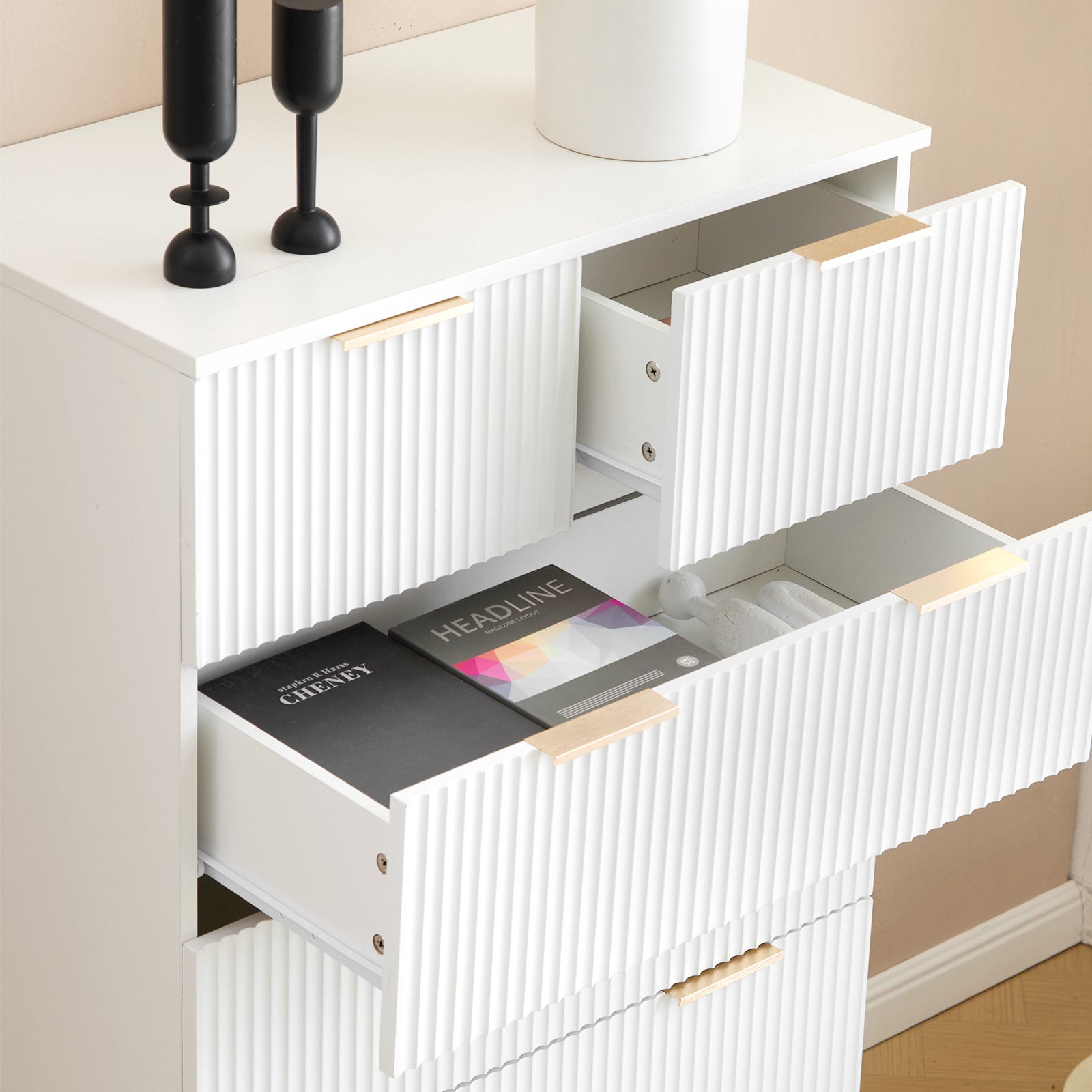 HAOYYE FCH White Six-Drawer Cabinet with Wavy Pattern Fronts, 5-Level Storage Unit, P2 Particle Board and Density Board, Spacious and Durable Bedroom Storage Solution, Modern Design for Clothes, Accessories, and Personal Items Organization