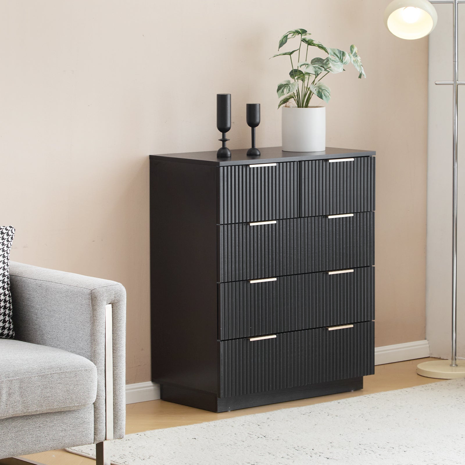 HAOYYE FCH Black 5-Drawer Storage Cabinet, 72cm Wide Chest of Drawers with Wavy Pattern Fronts, P2 Particle Board & Density Board Dresser, Modern 4-Tier Organizer for Bedroom, Living Room, or Office, Space-Saving Storage Unit