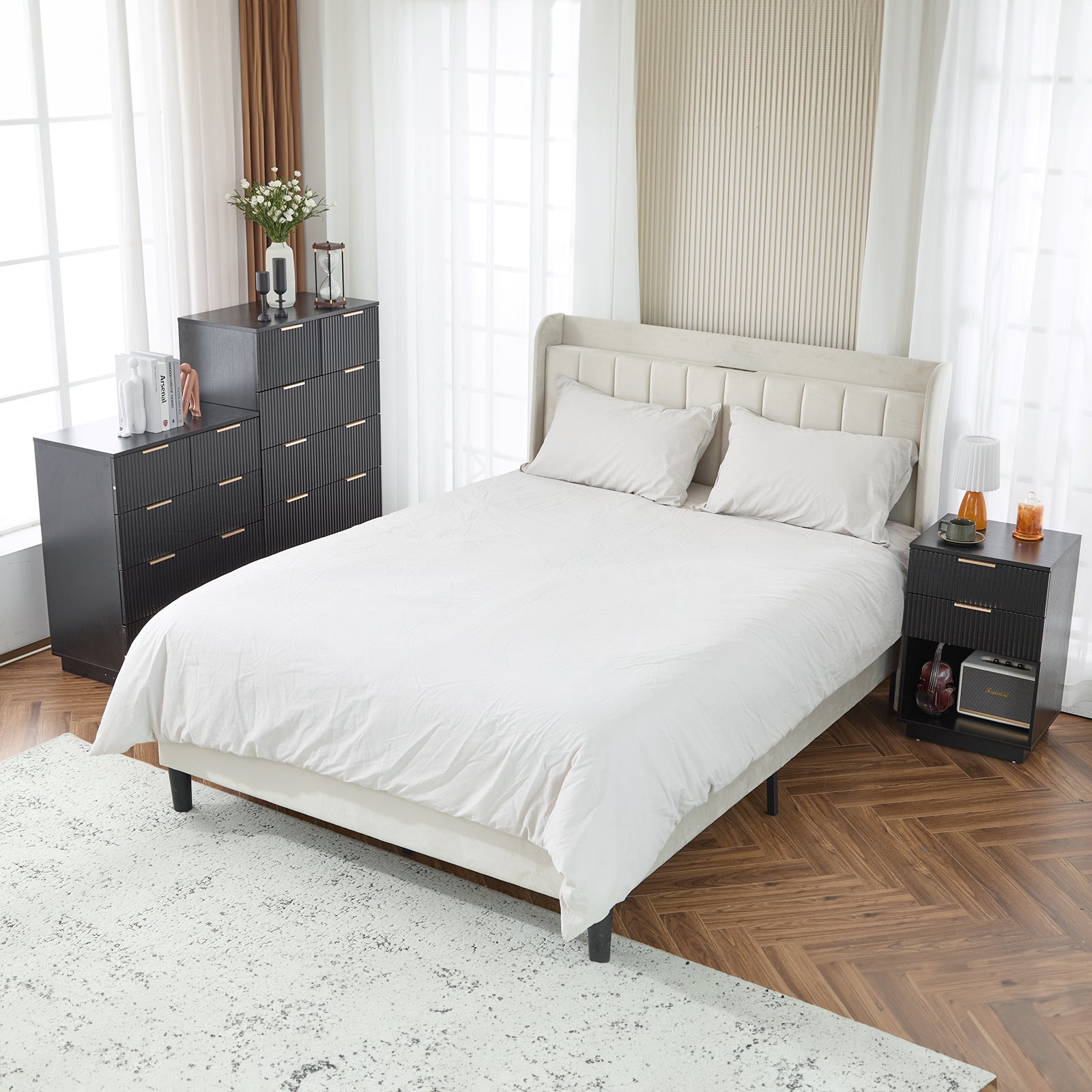 HAOYYE FCH Black 5-Drawer Storage Cabinet, 72cm Wide Chest of Drawers with Wavy Pattern Fronts, P2 Particle Board & Density Board Dresser, Modern 4-Tier Organizer for Bedroom, Living Room, or Office, Space-Saving Storage Unit