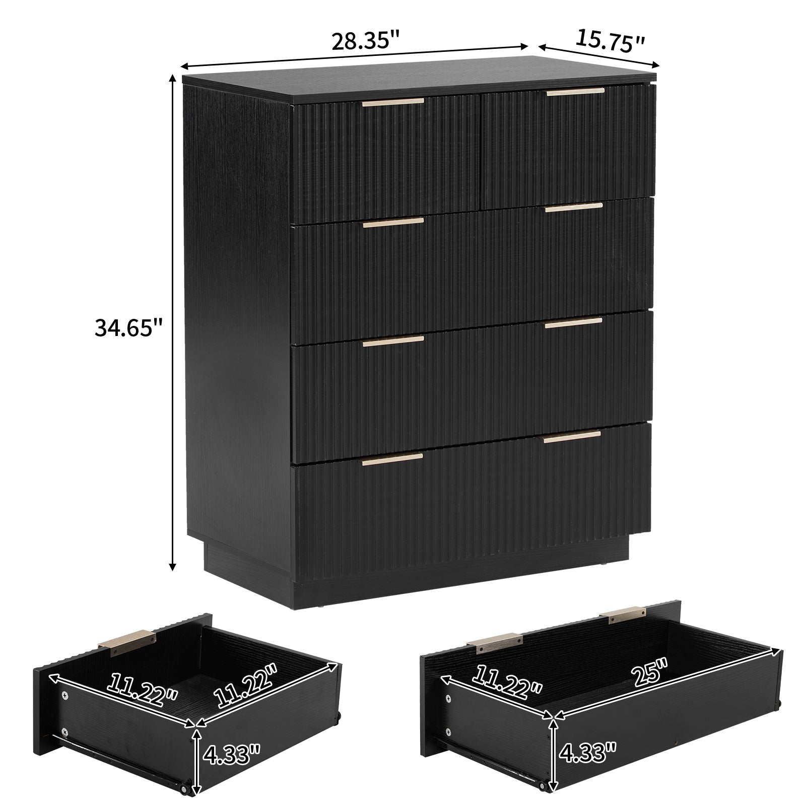 HAOYYE FCH Black 5-Drawer Storage Cabinet, 72cm Wide Chest of Drawers with Wavy Pattern Fronts, P2 Particle Board & Density Board Dresser, Modern 4-Tier Organizer for Bedroom, Living Room, or Office, Space-Saving Storage Unit
