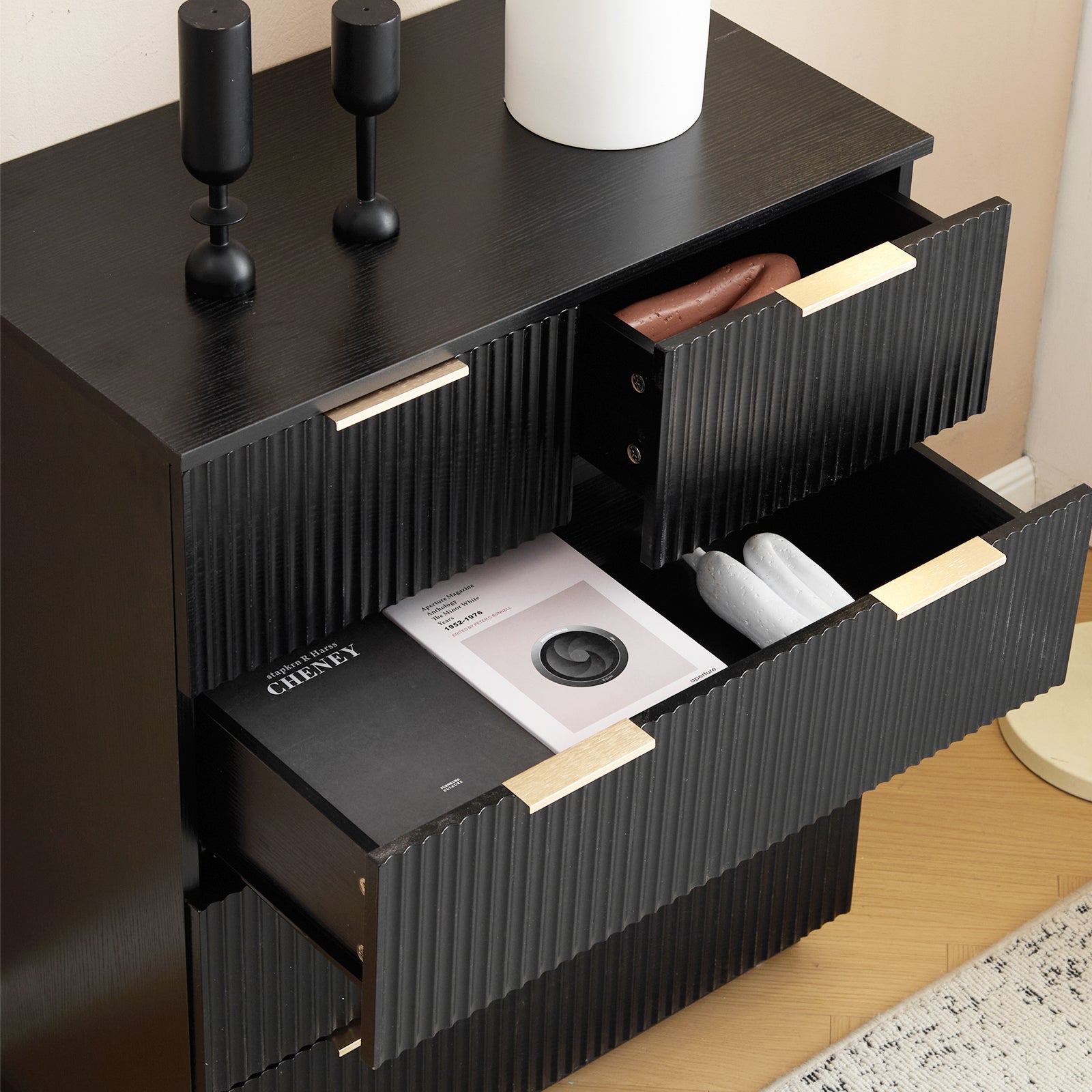HAOYYE FCH Black 5-Drawer Storage Cabinet, 72cm Wide Chest of Drawers with Wavy Pattern Fronts, P2 Particle Board & Density Board Dresser, Modern 4-Tier Organizer for Bedroom, Living Room, or Office, Space-Saving Storage Unit