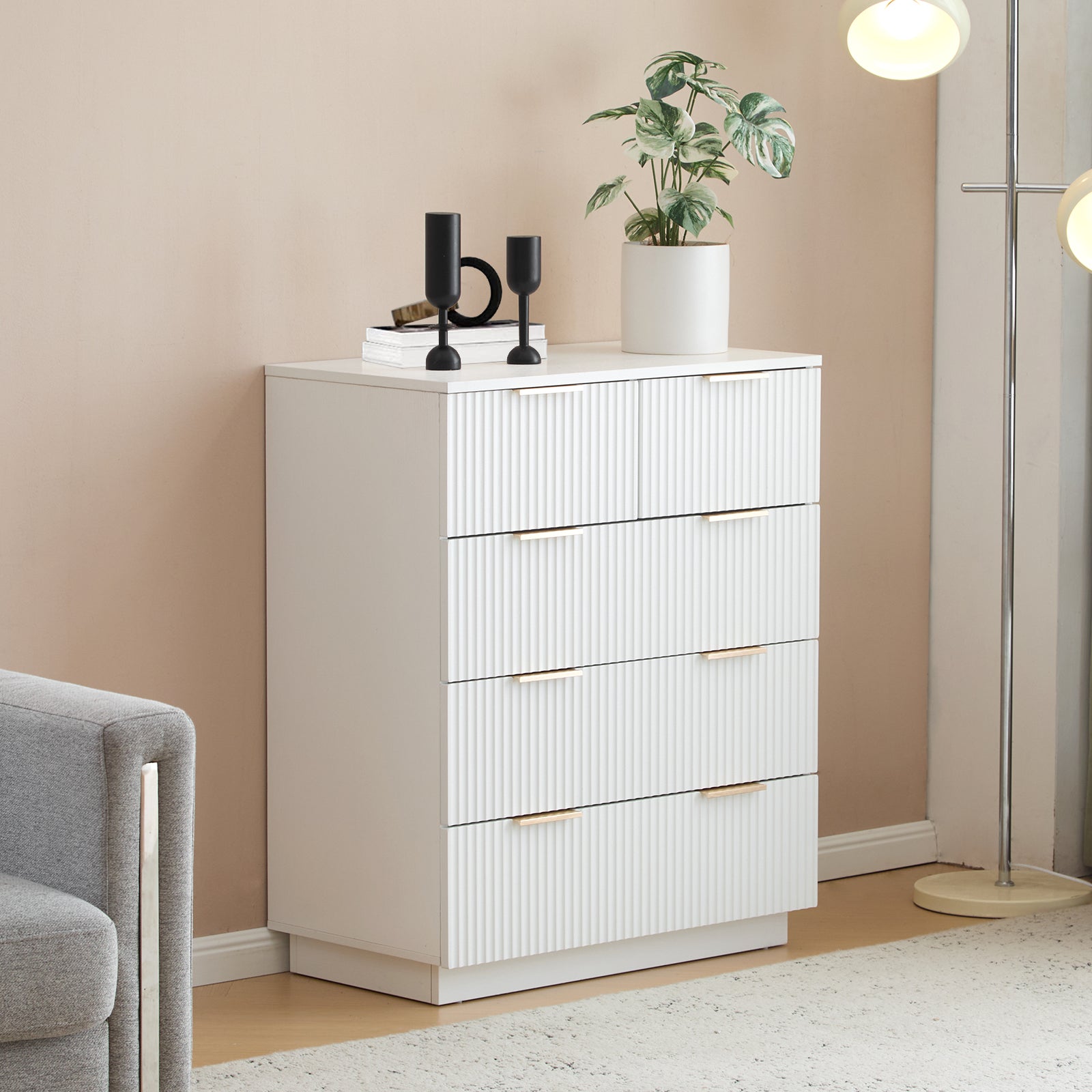 HAOYYE FCH White 5-Drawer Storage Cabinet, P2 Particle Board & Density Board Dresser with Wavy Pattern Drawer Fronts, Modern 4-Tier Chest of Drawers for Bedroom, Living Room, Home Office, Stylish & Space-Saving