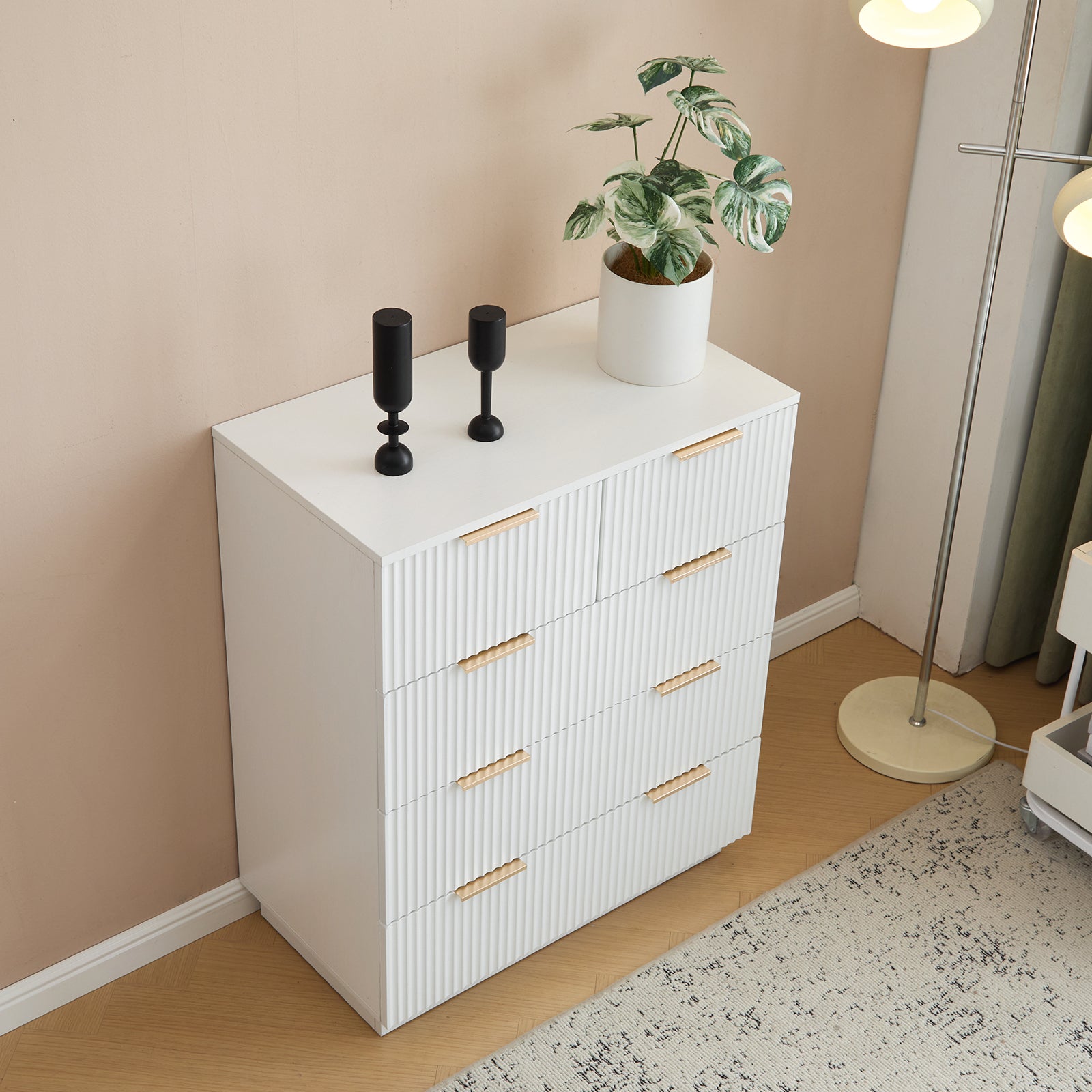 HAOYYE FCH White 5-Drawer Storage Cabinet, P2 Particle Board & Density Board Dresser with Wavy Pattern Drawer Fronts, Modern 4-Tier Chest of Drawers for Bedroom, Living Room, Home Office, Stylish & Space-Saving