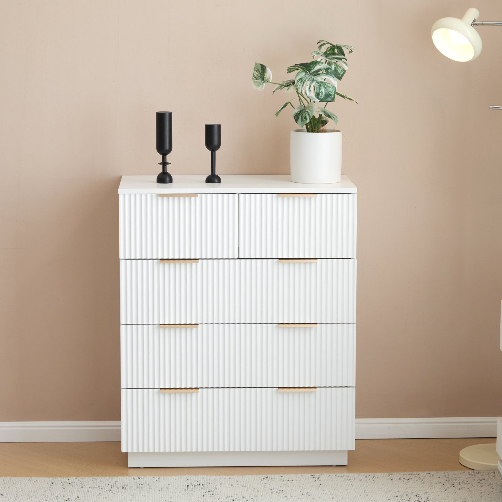 HAOYYE FCH White 5-Drawer Storage Cabinet, P2 Particle Board & Density Board Dresser with Wavy Pattern Drawer Fronts, Modern 4-Tier Chest of Drawers for Bedroom, Living Room, Home Office, Stylish & Space-Saving