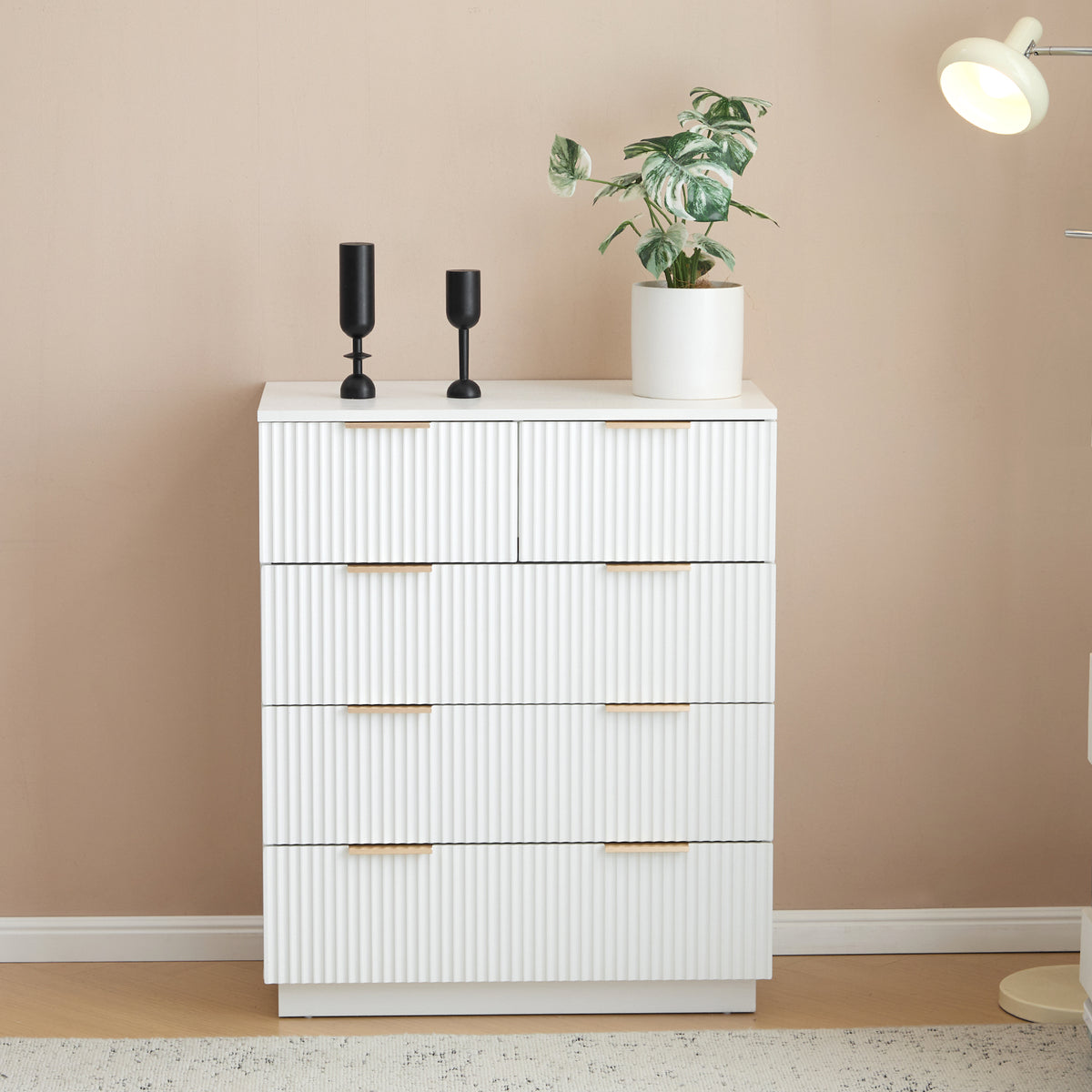 HAOYYE FCH White 5-Drawer Storage Cabinet, P2 Particle Board & Density Board Dresser with Wavy Pattern Drawer Fronts, Modern 4-Tier Chest of Drawers for Bedroom, Living Room, Home Office, Stylish & Space-Saving