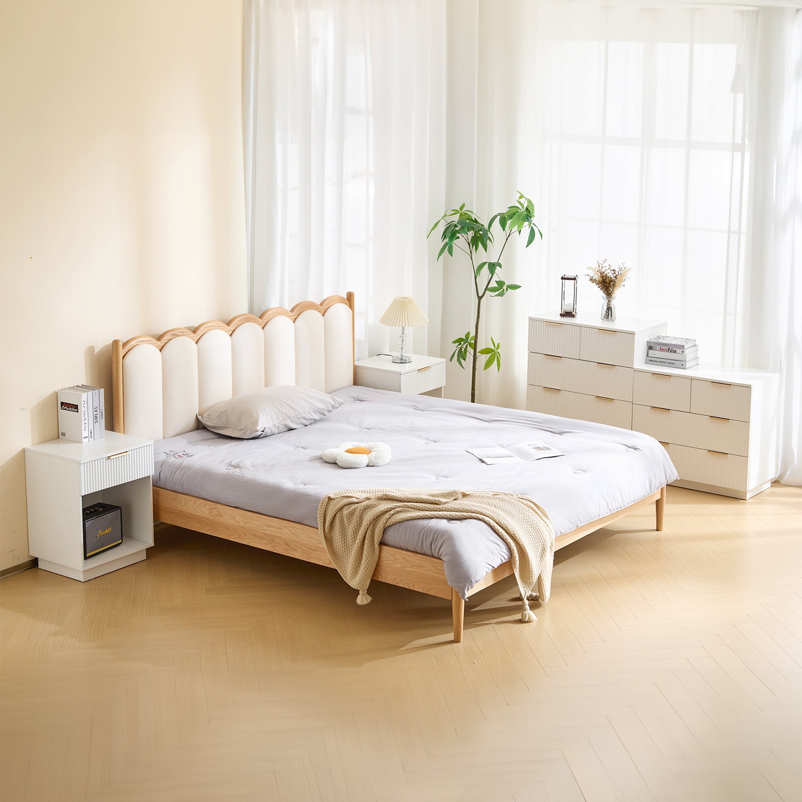 HAOYYE FCH White 5-Drawer Storage Cabinet, P2 Particle Board & Density Board Dresser with Wavy Pattern Drawer Fronts, Modern 4-Tier Chest of Drawers for Bedroom, Living Room, Home Office, Stylish & Space-Saving