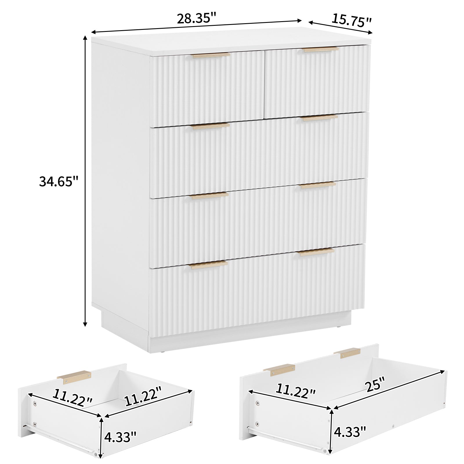HAOYYE FCH White 5-Drawer Storage Cabinet, P2 Particle Board & Density Board Dresser with Wavy Pattern Drawer Fronts, Modern 4-Tier Chest of Drawers for Bedroom, Living Room, Home Office, Stylish & Space-Saving