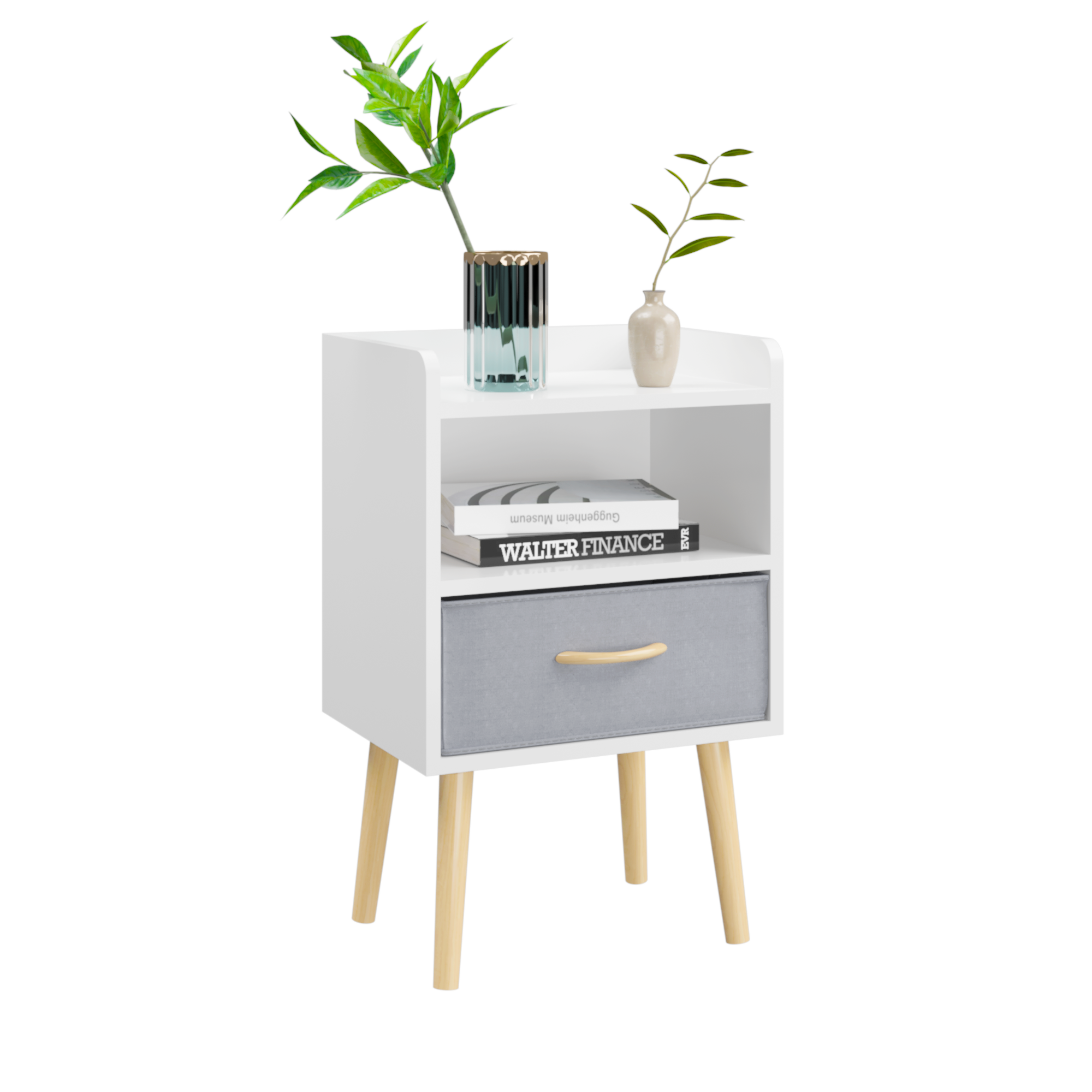 Haoyye White Nightstand with Collapsible Fabric Drawer and Two Tier Storage End Table Wooden Bedside Table with Open Shelf and Storage Cabinet for Bedroom and Living Room