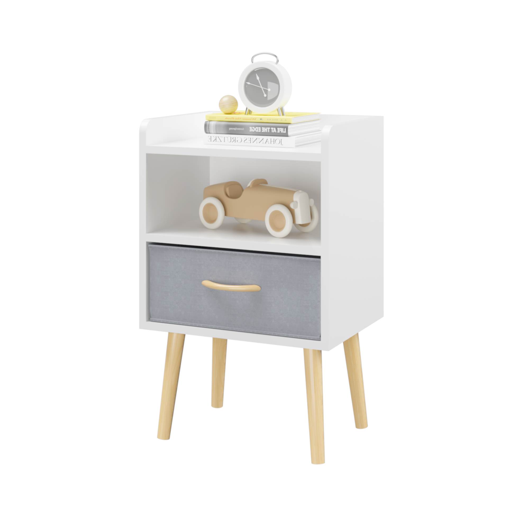 Haoyye White Nightstand with Collapsible Fabric Drawer and Two Tier Storage End Table Wooden Bedside Table with Open Shelf and Storage Cabinet for Bedroom and Living Room