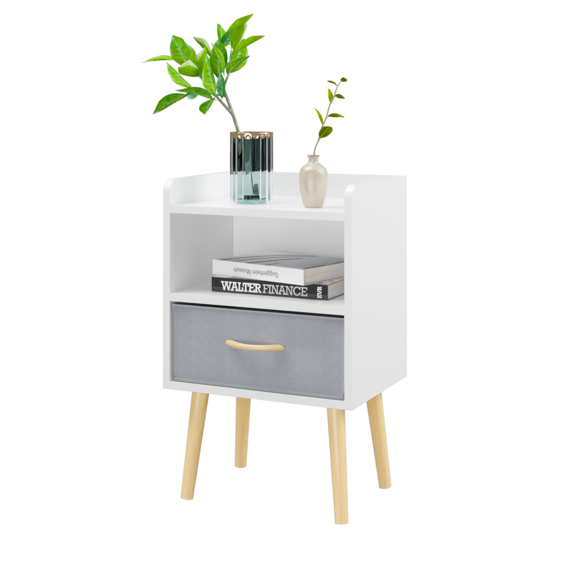 Haoyye White Nightstand with Collapsible Fabric Drawer and Two Tier Storage End Table Wooden Bedside Table with Open Shelf and Storage Cabinet for Bedroom and Living Room
