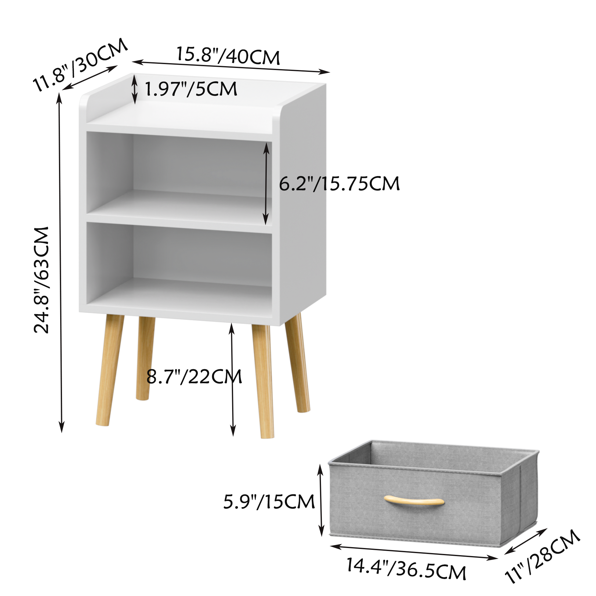 Haoyye White Nightstand with Collapsible Fabric Drawer and Two Tier Storage End Table Wooden Bedside Table with Open Shelf and Storage Cabinet for Bedroom and Living Room