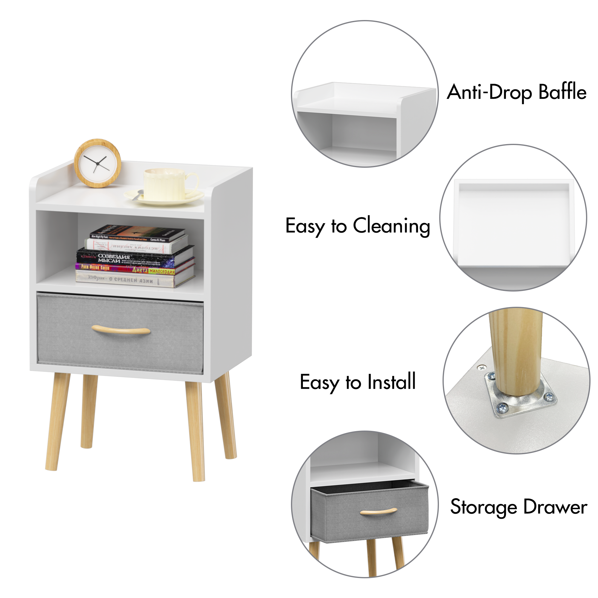 Haoyye White Nightstand with Collapsible Fabric Drawer and Two Tier Storage End Table Wooden Bedside Table with Open Shelf and Storage Cabinet for Bedroom and Living Room