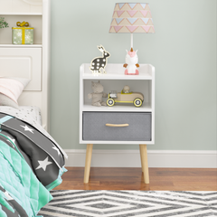 Haoyye White Nightstand with Collapsible Fabric Drawer and Two Tier Storage End Table Wooden Bedside Table with Open Shelf and Storage Cabinet for Bedroom and Living Room