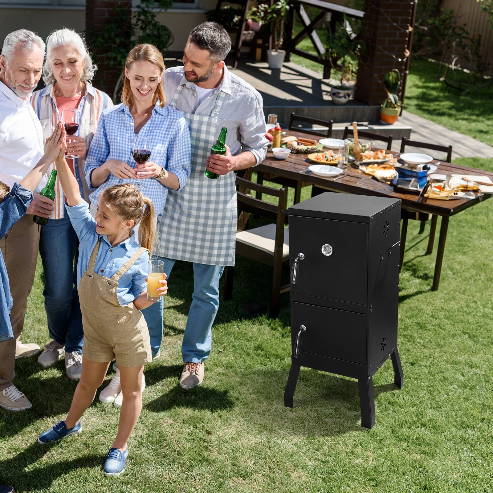 HAOYYE Outdoor Vertical Charcoal Smoker with Double Doors and Built-in Thermometer, 2 Detachable Smoking Racks, Charcoal and Water Pans, 4 Adjustable Air Vents, Heavy Duty Smoker for Backyard Barbecue Camping and Grilling