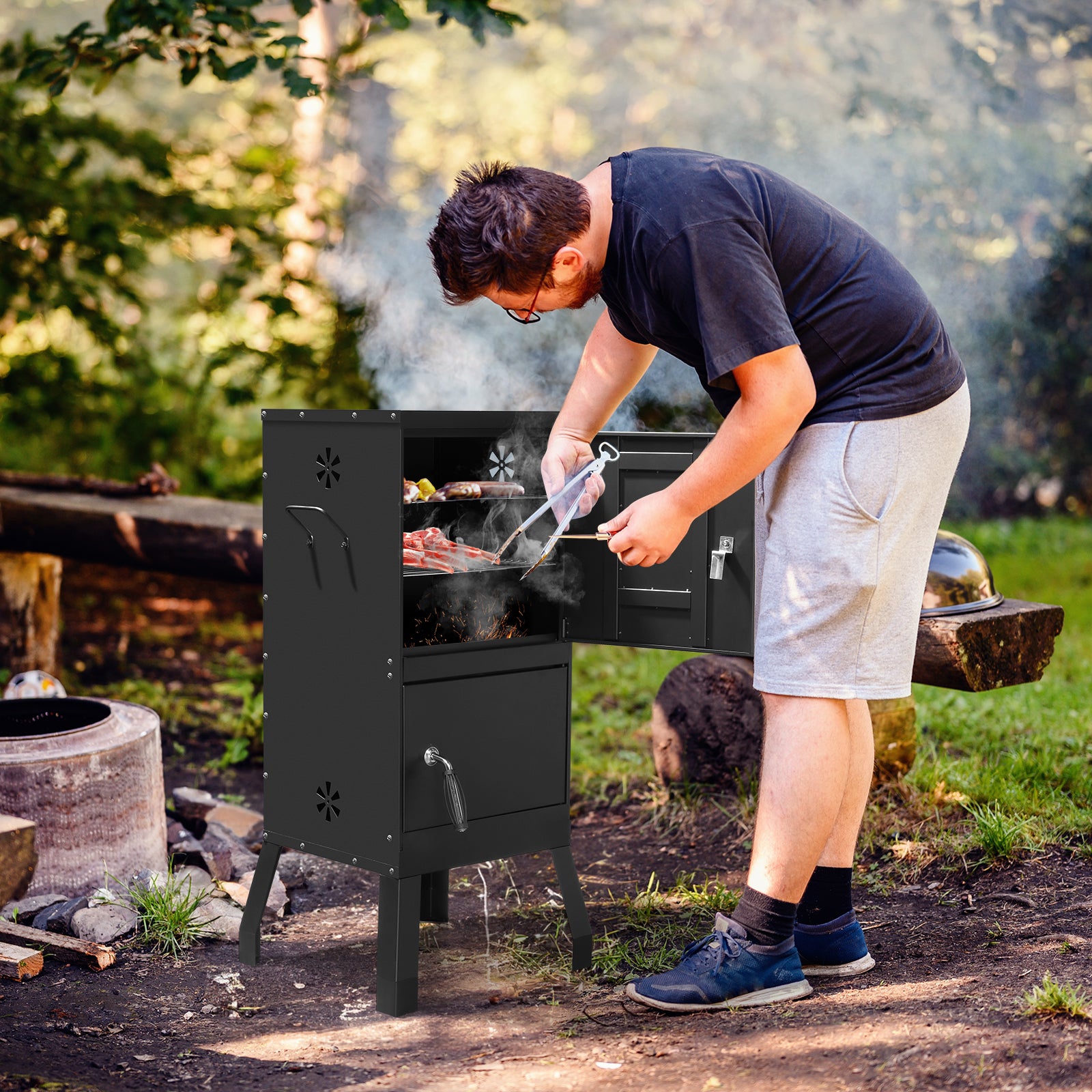 HAOYYE Outdoor Vertical Charcoal Smoker with Double Doors and Built-in Thermometer, 2 Detachable Smoking Racks, Charcoal and Water Pans, 4 Adjustable Air Vents, Heavy Duty Smoker for Backyard Barbecue Camping and Grilling
