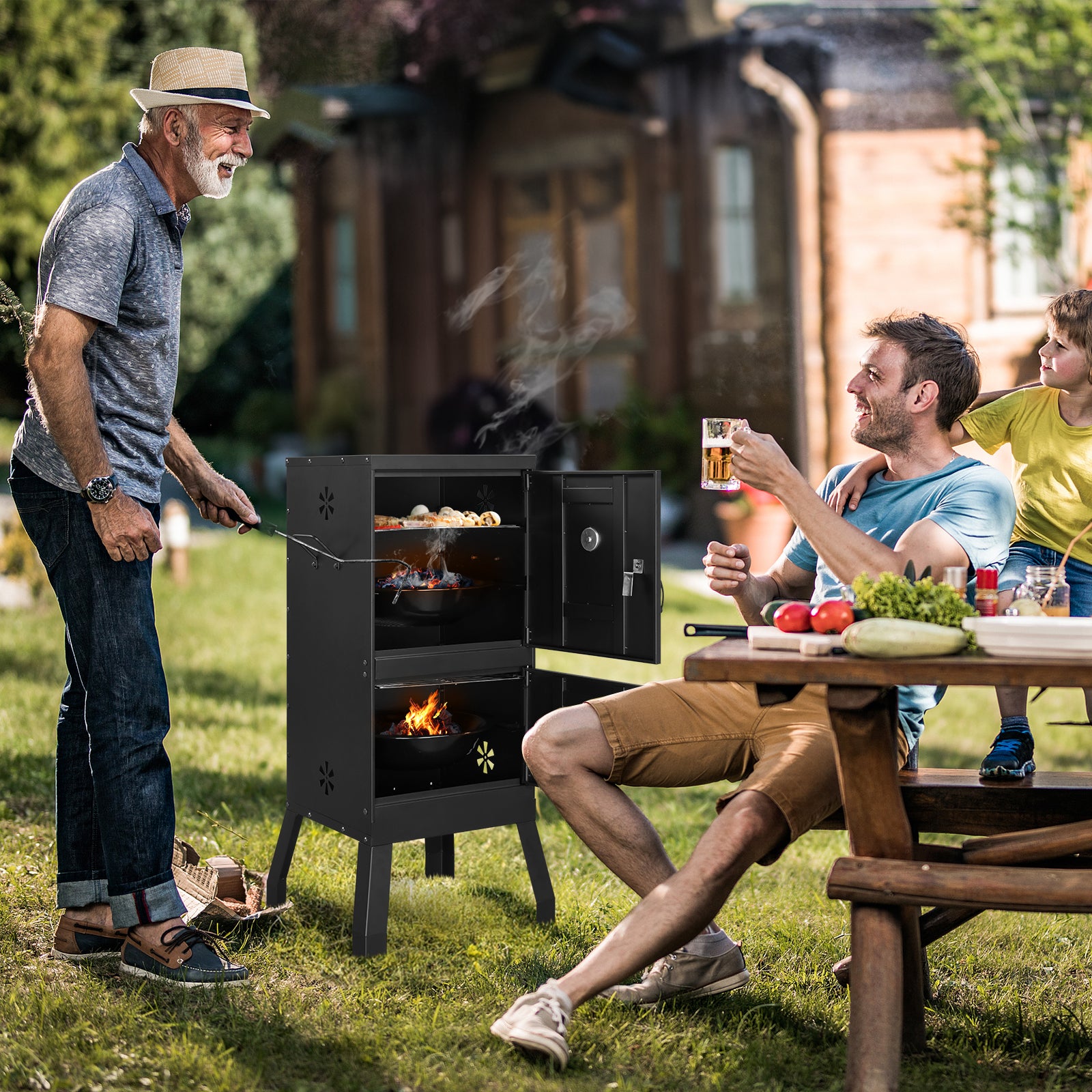 HAOYYE Outdoor Vertical Charcoal Smoker with Double Doors and Built-in Thermometer, 2 Detachable Smoking Racks, Charcoal and Water Pans, 4 Adjustable Air Vents, Heavy Duty Smoker for Backyard Barbecue Camping and Grilling