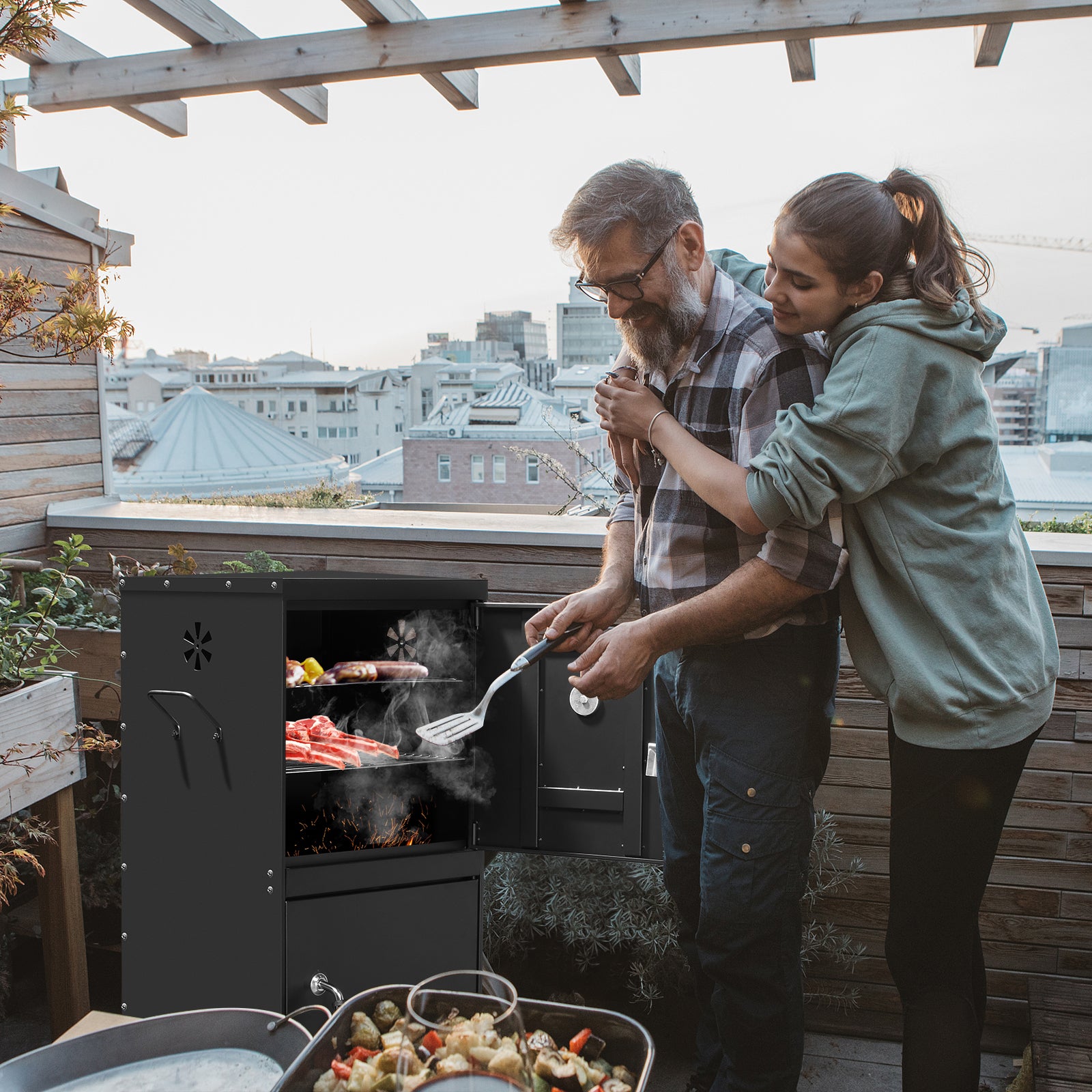 HAOYYE Outdoor Vertical Charcoal Smoker with Double Doors and Built-in Thermometer, 2 Detachable Smoking Racks, Charcoal and Water Pans, 4 Adjustable Air Vents, Heavy Duty Smoker for Backyard Barbecue Camping and Grilling