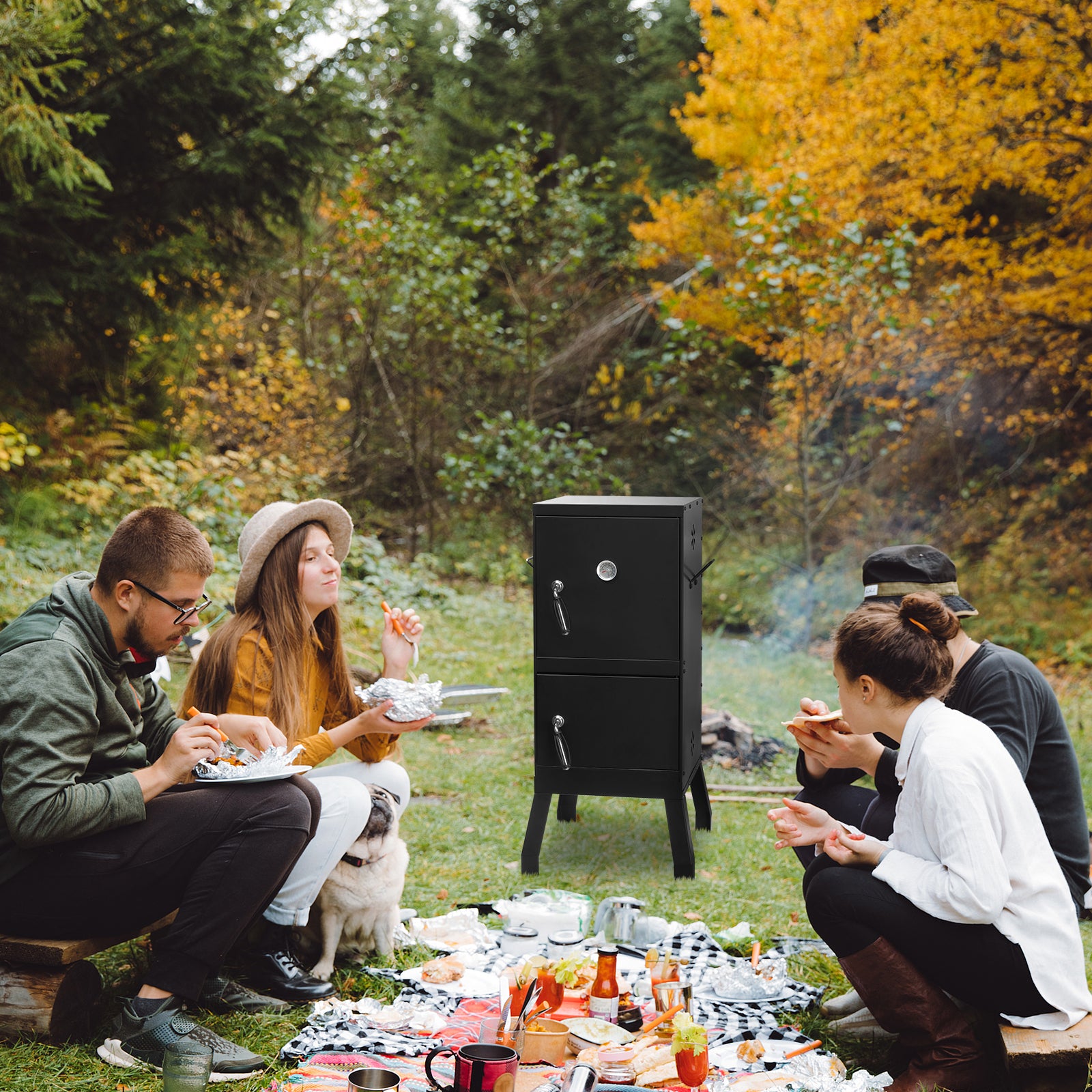 HAOYYE Outdoor Vertical Charcoal Smoker with Double Doors and Built-in Thermometer, 2 Detachable Smoking Racks, Charcoal and Water Pans, 4 Adjustable Air Vents, Heavy Duty Smoker for Backyard Barbecue Camping and Grilling