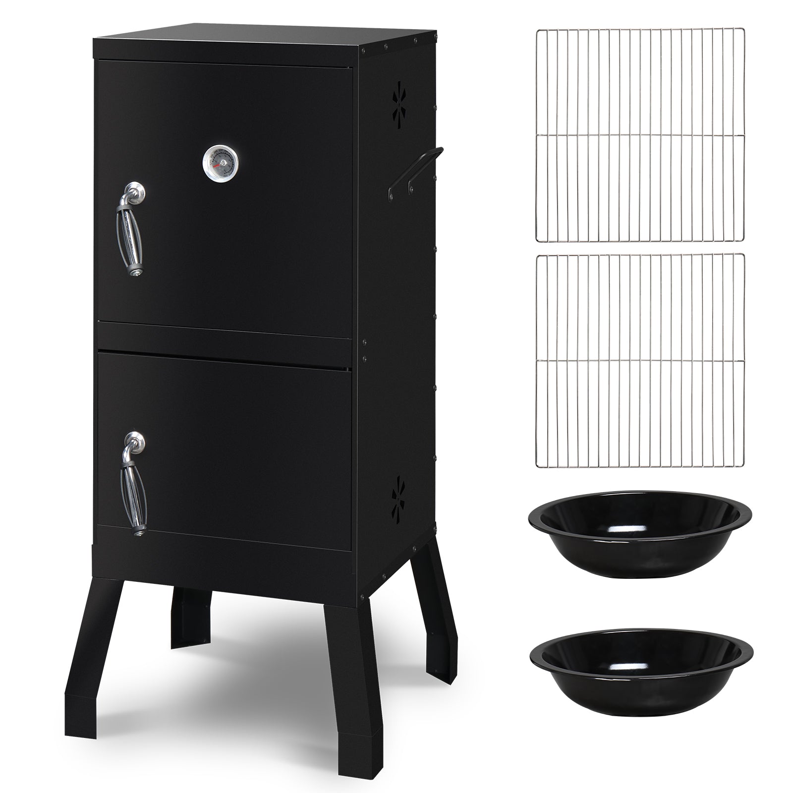 HAOYYE Outdoor Vertical Charcoal Smoker with Double Doors and Built-in Thermometer, 2 Detachable Smoking Racks, Charcoal and Water Pans, 4 Adjustable Air Vents, Heavy Duty Smoker for Backyard Barbecue Camping and Grilling