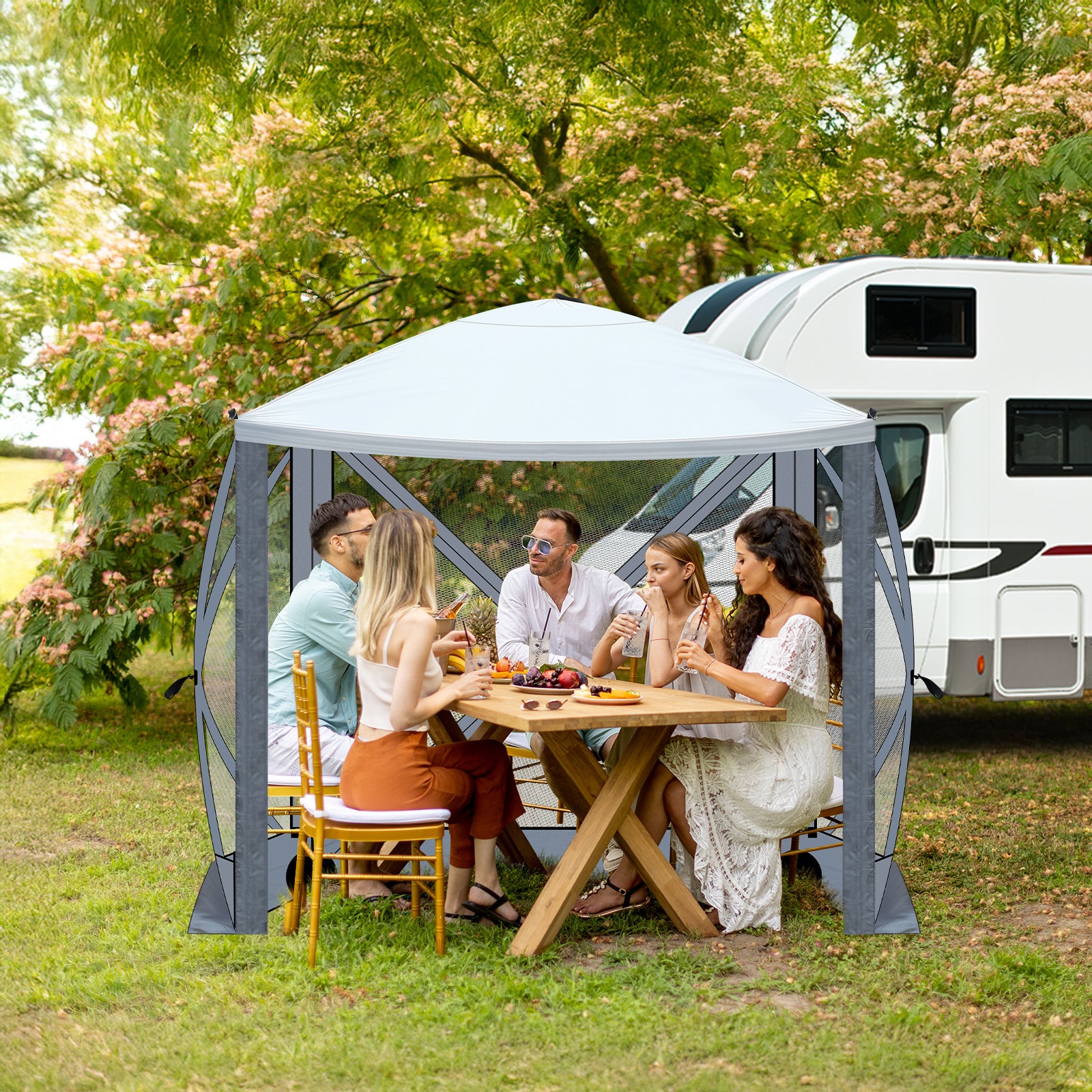 HAOYYE Outdoor Pop Up Camping Canopy Tent with Mesh Sidewalls Waterproof UV 50+ Oxford Fabric Portable Folding Shelter with Carrying Bag Fast Setup Hub Frame for Patio Beach Lawn and Outdoor Events