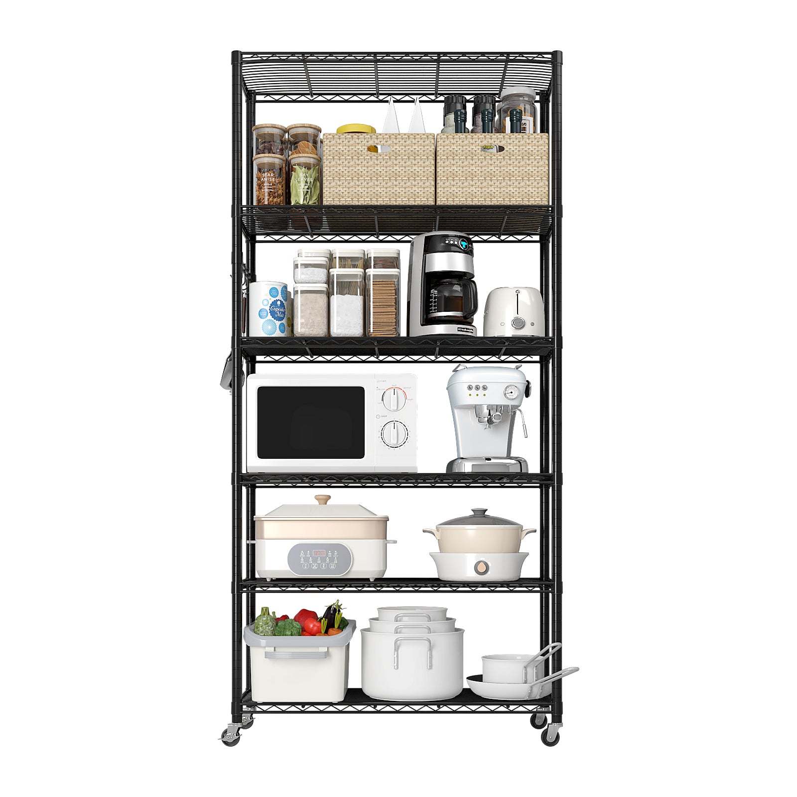 HAOYYE Six-Layer Iron Display Stand With 2-Inch Rubber Wheels, Adjustable Feet, One-Side Cone Hook, Freely Adjustable Layer Spacing, Black