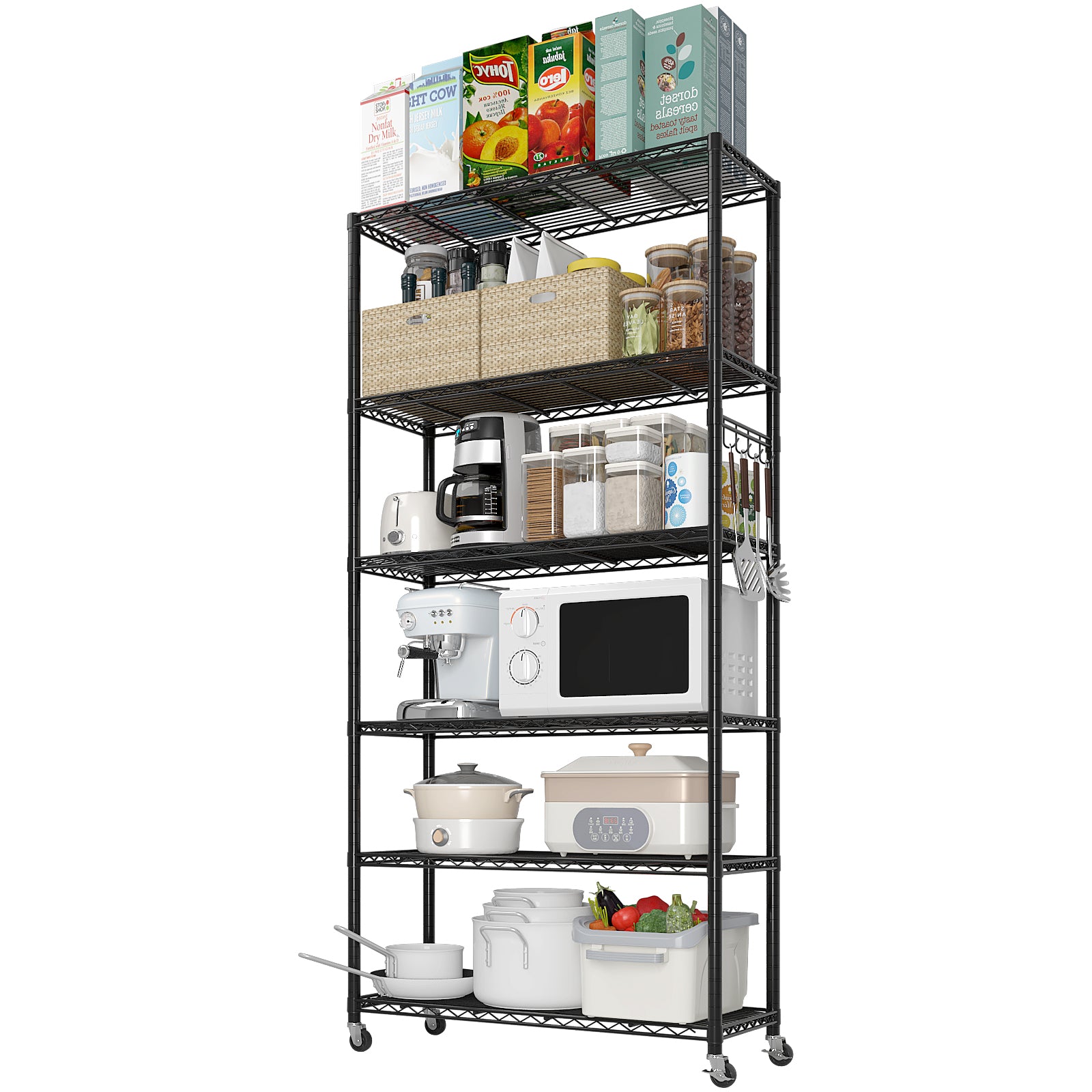 HAOYYE Six-Layer Iron Display Stand With 2-Inch Rubber Wheels, Adjustable Feet, One-Side Cone Hook, Freely Adjustable Layer Spacing, Black