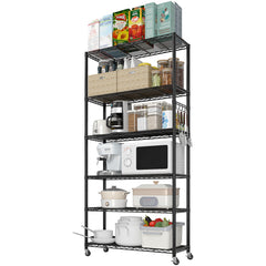 HAOYYE Six-Layer Iron Display Stand With 2-Inch Rubber Wheels, Adjustable Feet, One-Side Cone Hook, Freely Adjustable Layer Spacing, Black
