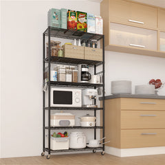 HAOYYE Six-Layer Iron Display Stand With 2-Inch Rubber Wheels, Adjustable Feet, One-Side Cone Hook, Freely Adjustable Layer Spacing, Black