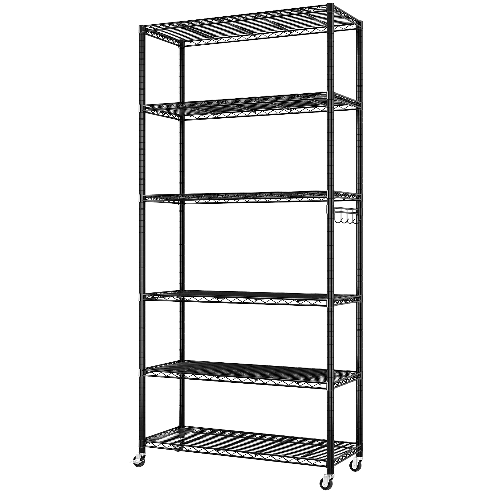 HAOYYE Six-Layer Iron Display Stand With 2-Inch Rubber Wheels, Adjustable Feet, One-Side Cone Hook, Freely Adjustable Layer Spacing, Black