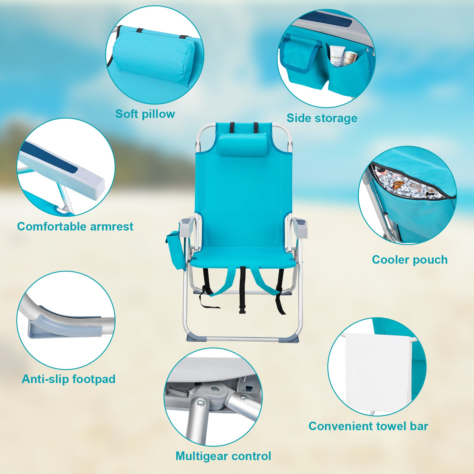 HAOYYE Heightened Oxford Cloth Beach Chair, Durable Aluminum Tube Frame, Supports Up To 100kg, Silver White And Mint Green, Lightweight And Comfortable For Outdoor Use