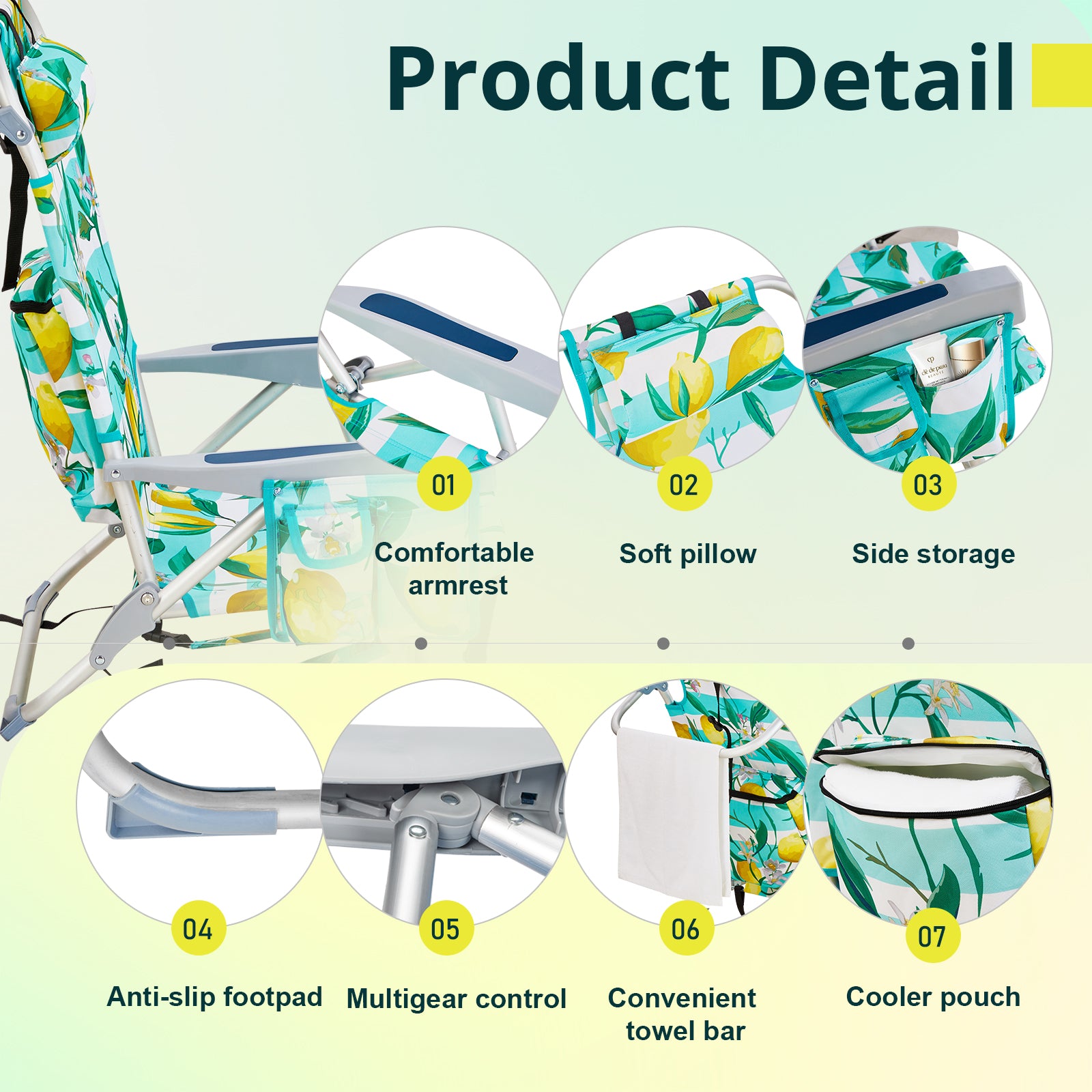 HAOYYE Compact Oxford Cloth Beach Chair, Durable Aluminum Tube Frame, Supports Up To 100kg, Silver White And Lemon, Lightweight And Comfortable For Outdoor Use