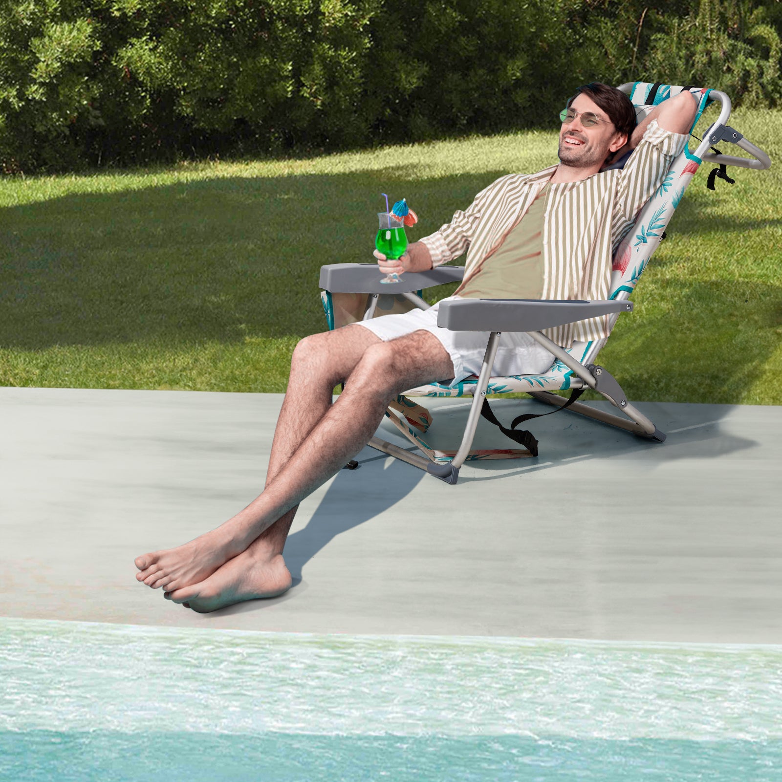 HAOYYE Compact Oxford Cloth Beach Chair, Durable Aluminum Tube Frame, Supports Up To 100kg, Silver White And Flamingo Print, Lightweight And Comfortable For Outdoor Use