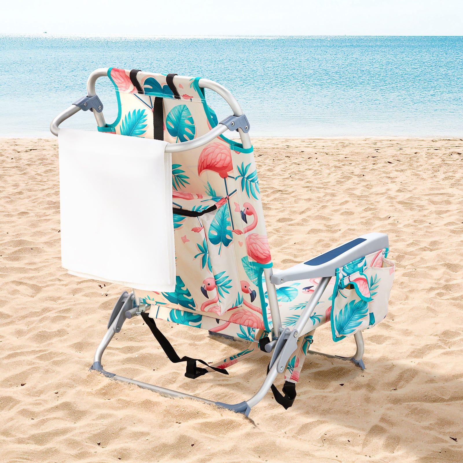 HAOYYE Compact Oxford Cloth Beach Chair, Durable Aluminum Tube Frame, Supports Up To 100kg, Silver White And Flamingo Print, Lightweight And Comfortable For Outdoor Use