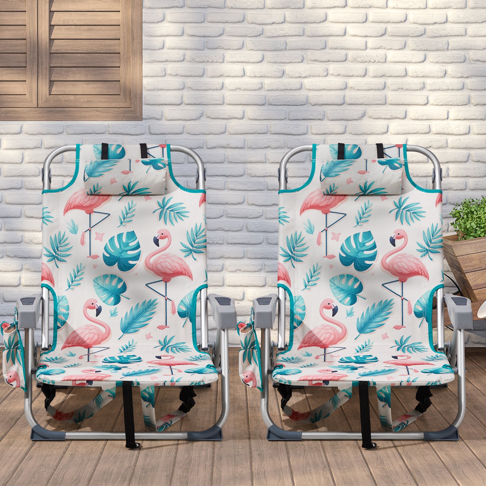 HAOYYE Compact Oxford Cloth Beach Chair, Durable Aluminum Tube Frame, Supports Up To 100kg, Silver White And Flamingo Print, Lightweight And Comfortable For Outdoor Use
