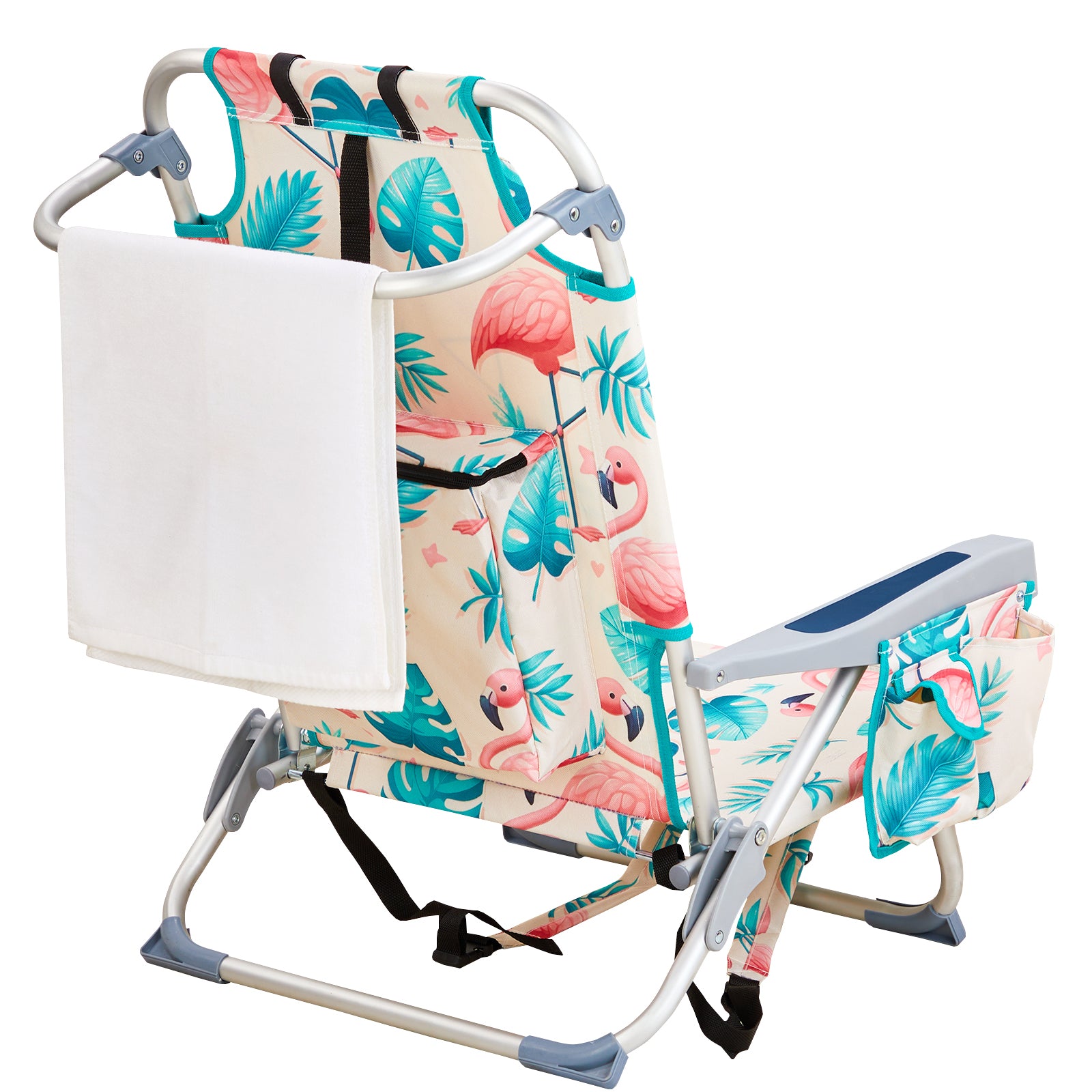 HAOYYE Compact Oxford Cloth Beach Chair, Durable Aluminum Tube Frame, Supports Up To 100kg, Silver White And Flamingo Print, Lightweight And Comfortable For Outdoor Use
