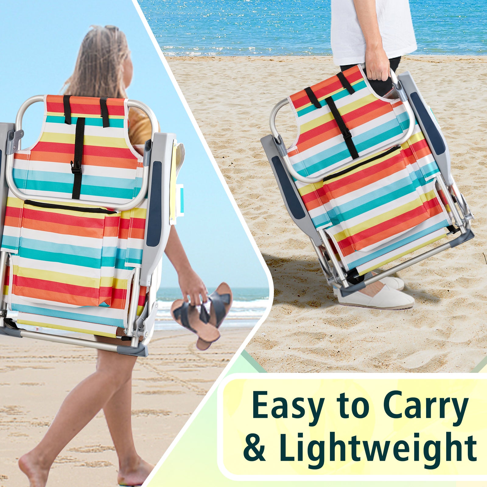 HAOYYE Short Oxford Cloth Beach Chair, Rainbow Stripes, Durable Aluminum Tube Frame, Supports Up To 100kg, Lightweight and Comfortable Outdoor Seating Solution