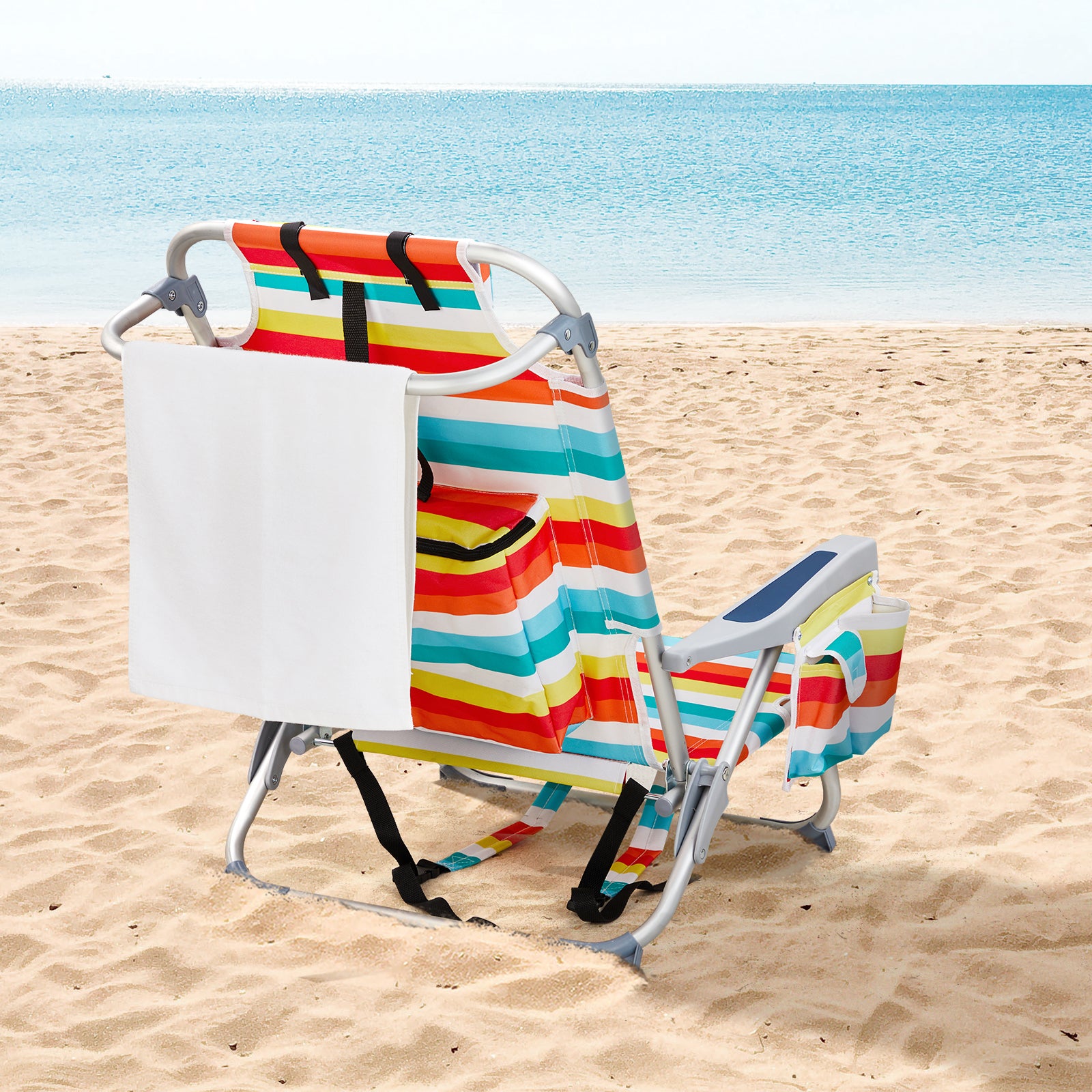 HAOYYE Short Oxford Cloth Beach Chair, Rainbow Stripes, Durable Aluminum Tube Frame, Supports Up To 100kg, Lightweight and Comfortable Outdoor Seating Solution