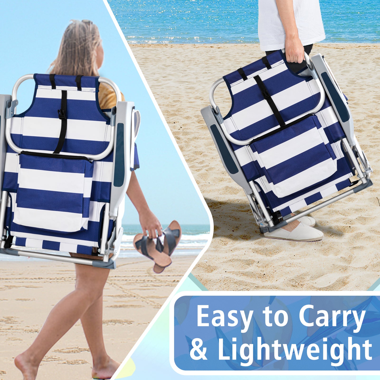 HAOYYE Compact Oxford Cloth Beach Chair, Durable Aluminum Tube Frame, Supports Up To 100kg, Silver White And Blue Stripes, Lightweight And Comfortable For Outdoor Use