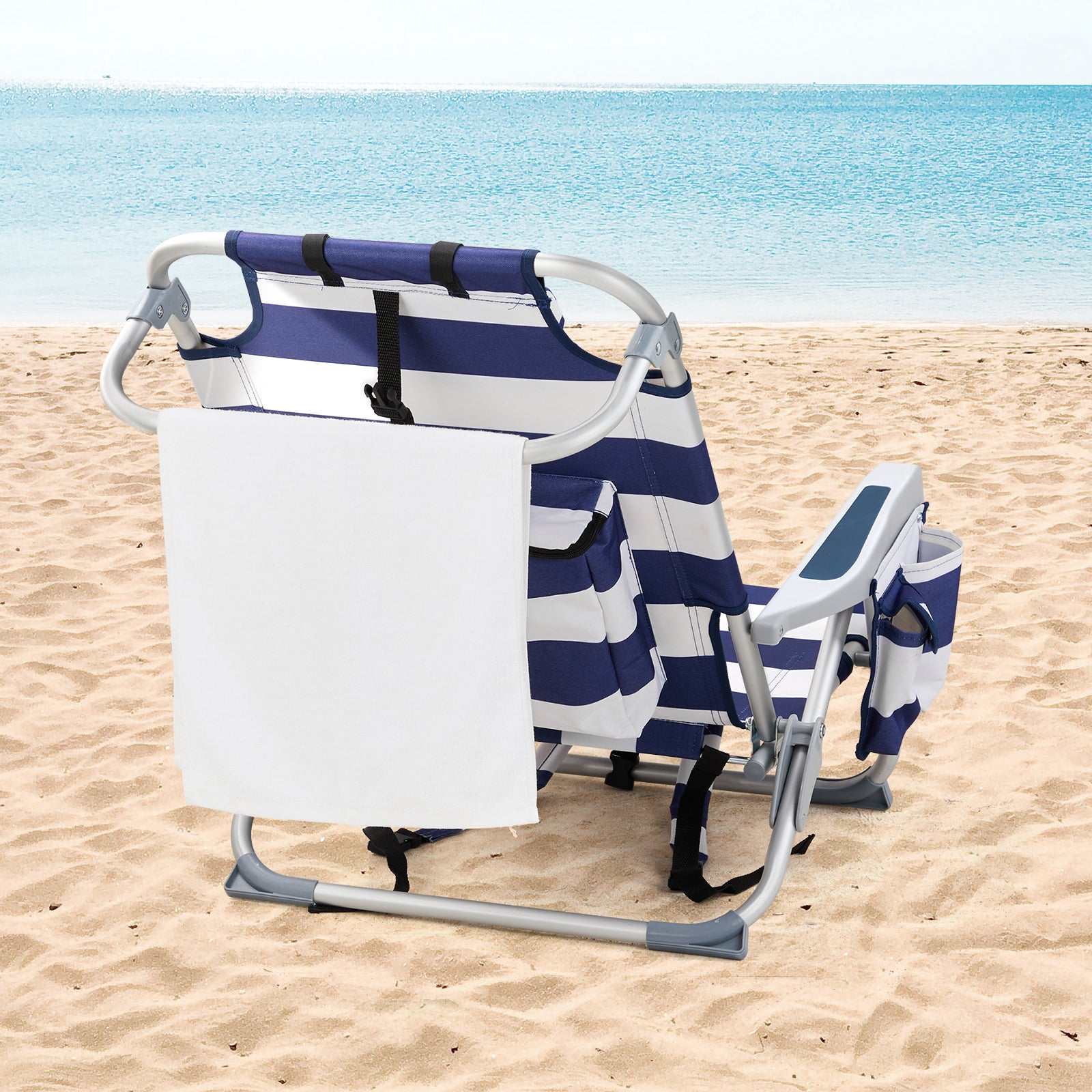 HAOYYE Compact Oxford Cloth Beach Chair, Durable Aluminum Tube Frame, Supports Up To 100kg, Silver White And Blue Stripes, Lightweight And Comfortable For Outdoor Use
