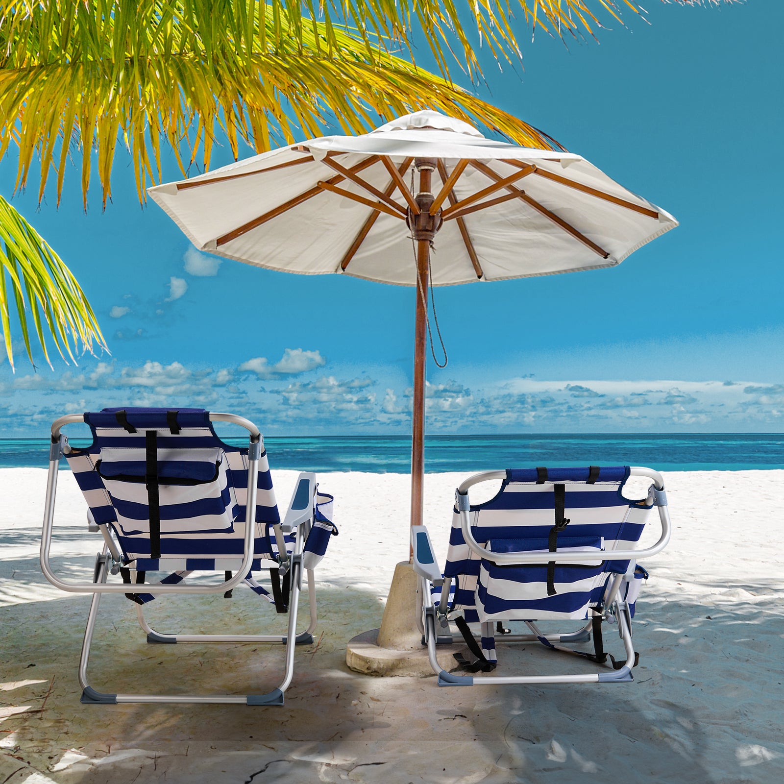 HAOYYE Compact Oxford Cloth Beach Chair, Durable Aluminum Tube Frame, Supports Up To 100kg, Silver White And Blue Stripes, Lightweight And Comfortable For Outdoor Use