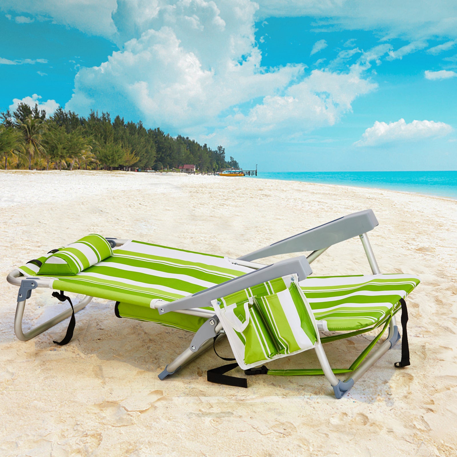 HAOYYE Compact Oxford Cloth Beach Chair, Durable Aluminum Tube Frame, Supports Up To 100kg, Silver White And Green Stripes, Lightweight And Comfortable For Outdoor Use