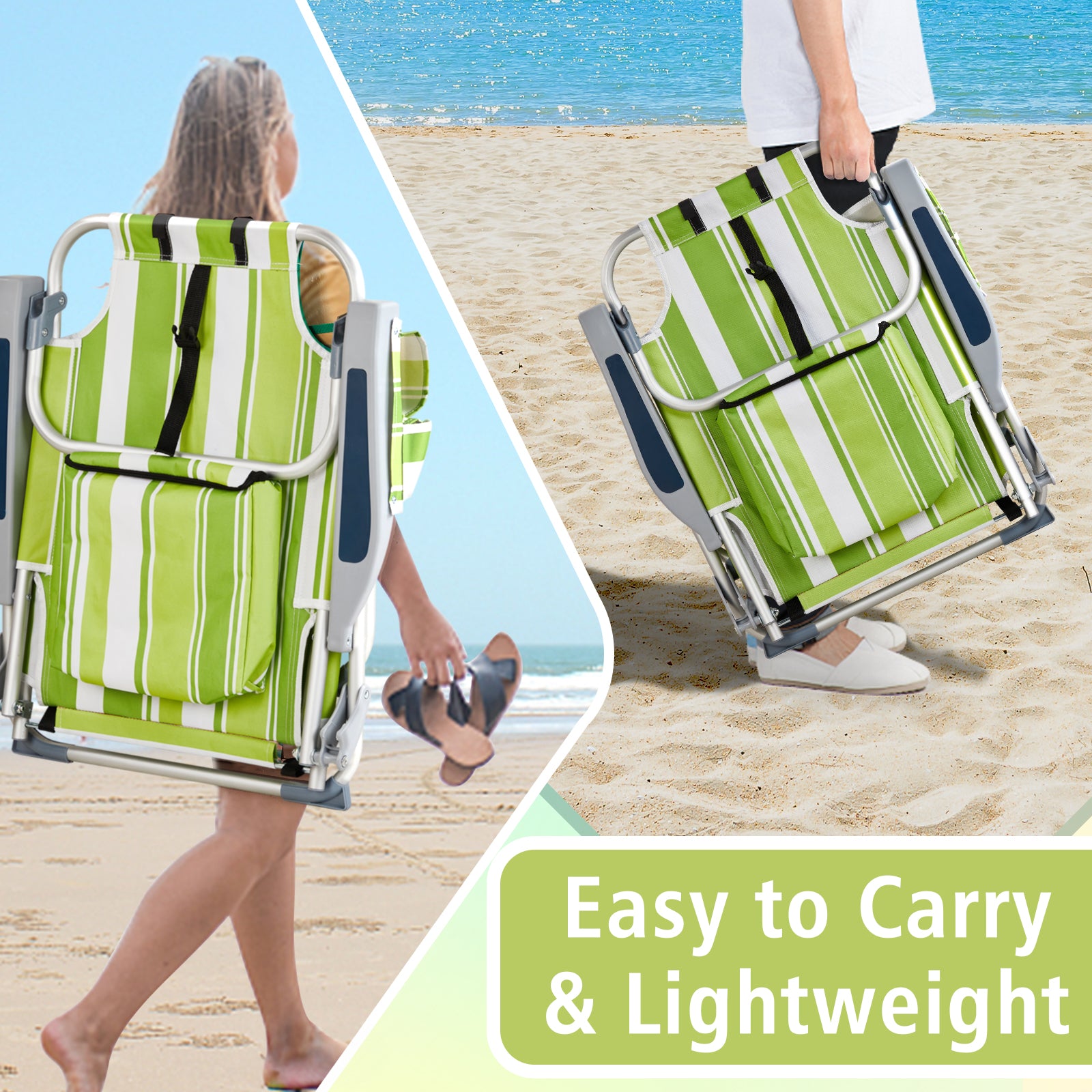 HAOYYE Compact Oxford Cloth Beach Chair, Durable Aluminum Tube Frame, Supports Up To 100kg, Silver White And Green Stripes, Lightweight And Comfortable For Outdoor Use