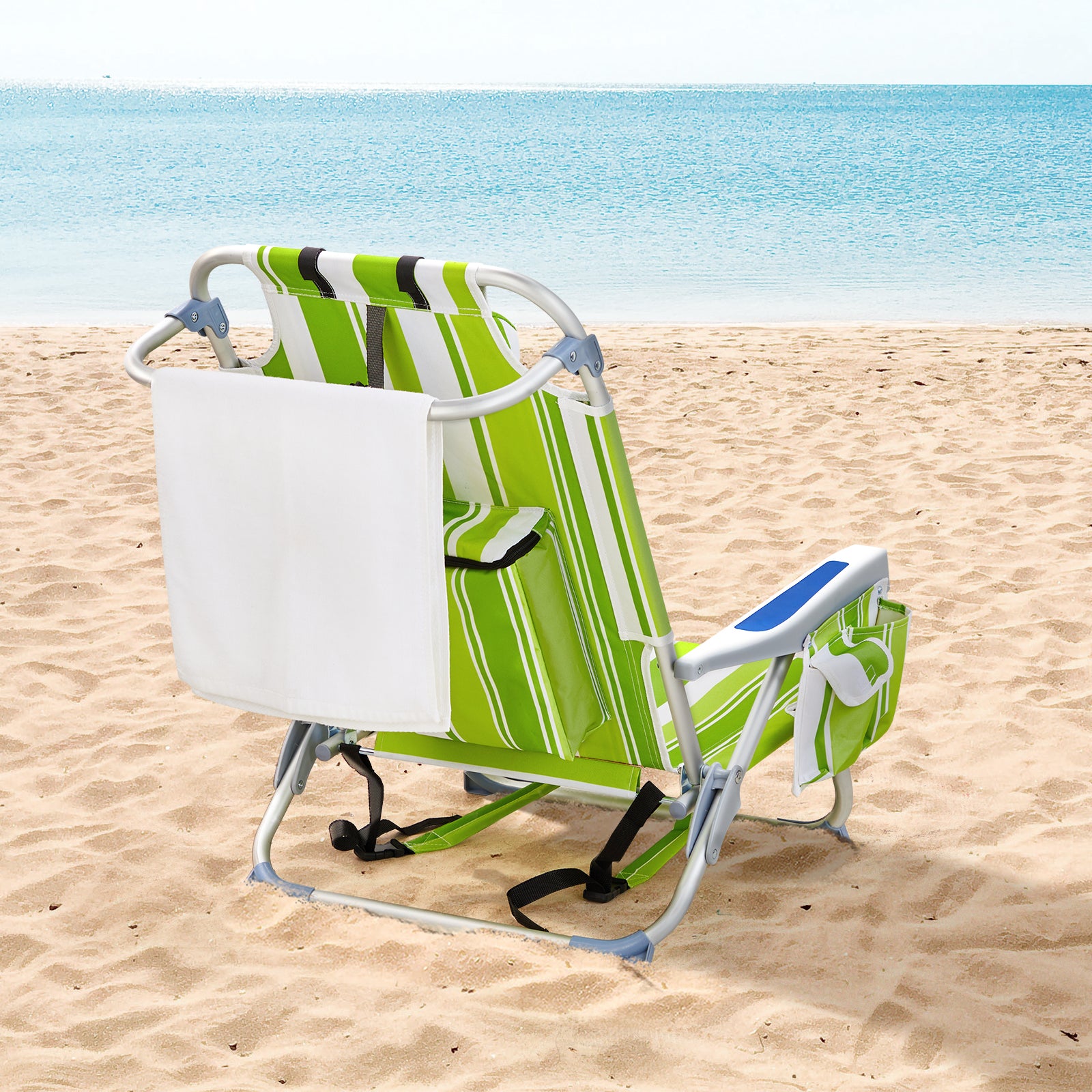 HAOYYE Compact Oxford Cloth Beach Chair, Durable Aluminum Tube Frame, Supports Up To 100kg, Silver White And Green Stripes, Lightweight And Comfortable For Outdoor Use