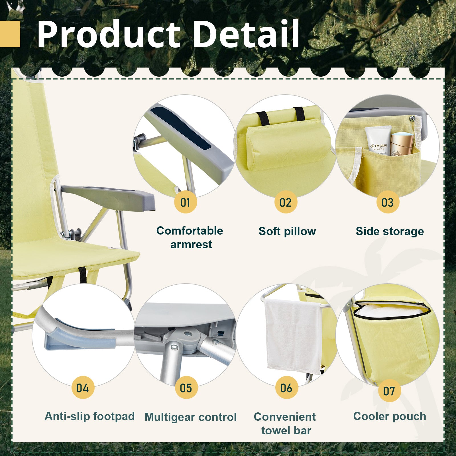 HAOYYE Compact Oxford Cloth Beach Chair, Durable Aluminum Tube Frame, Supports Up To 100kg, Silver White And Yellow, Lightweight And Comfortable For Outdoor Use