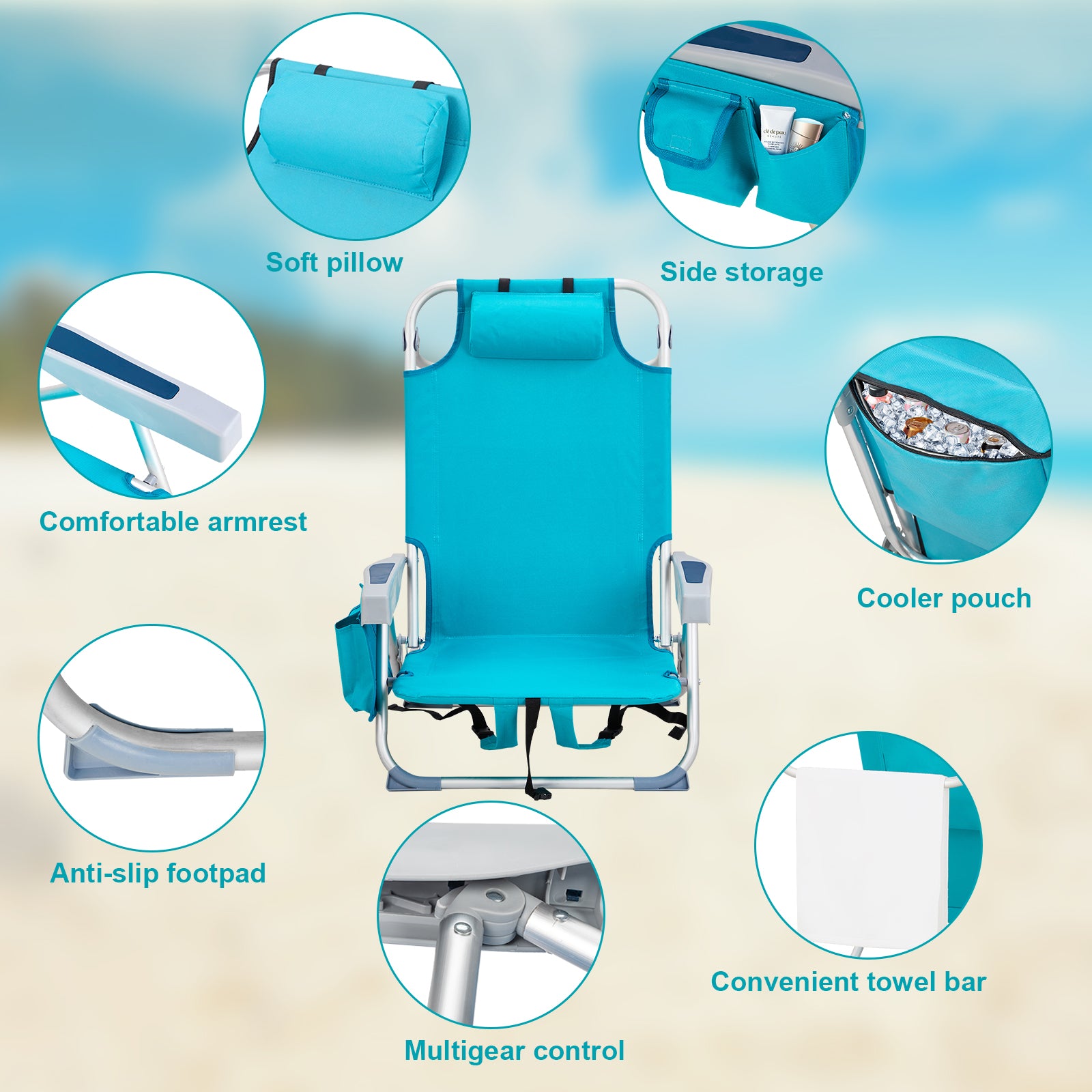 Haoyye Premium Oxford Cloth Beach Chair with Durable Silver White Aluminum Tube Bearing Frame, Supporting up to 100 Kg of Weight, Featuring a Refreshing Mint Green Upholstery and Ergonomic Design for Ultimate Outdoor Comfort and Stability
