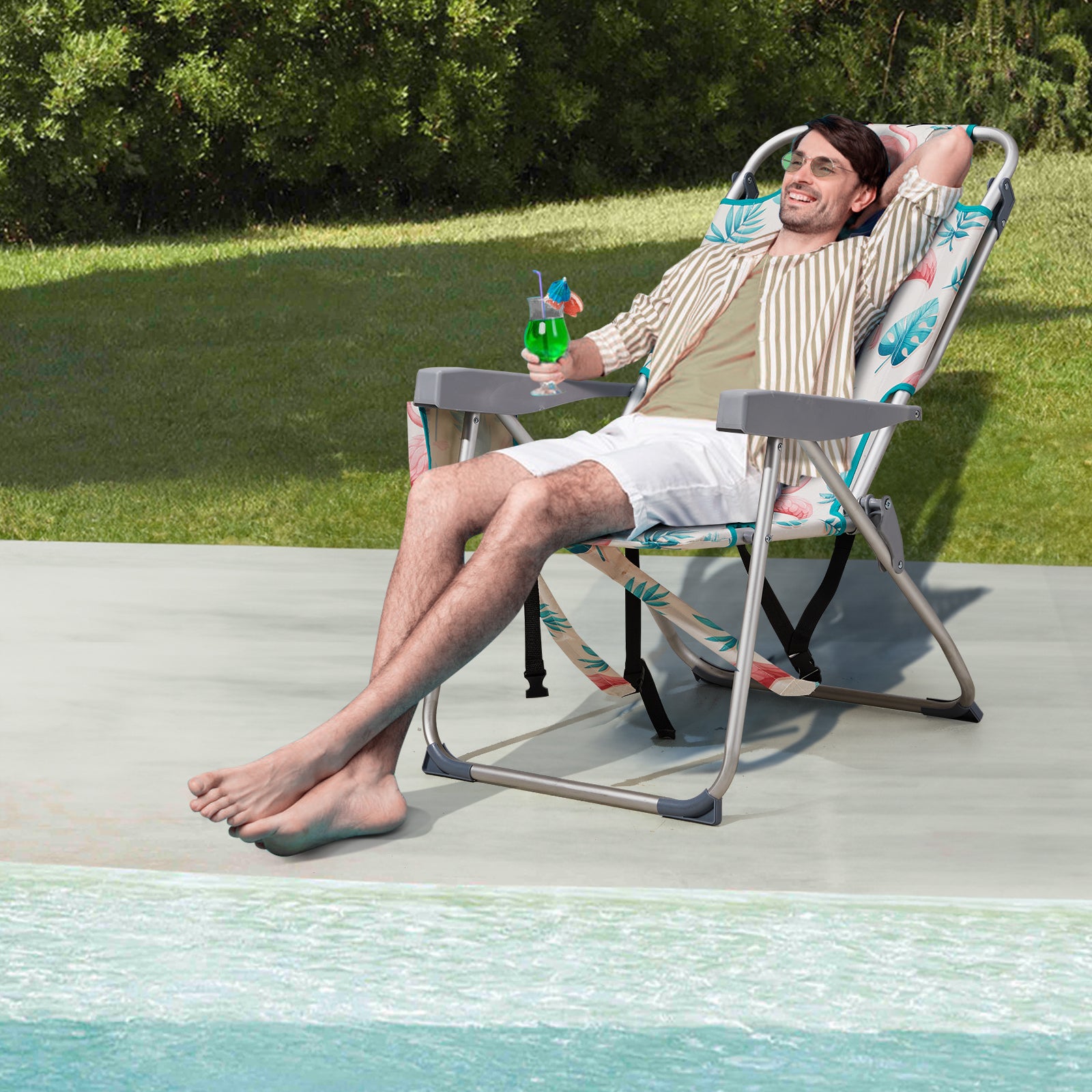 HAOYYE Lightweight Folding Beach Chair, Heightened Oxford Cloth With Sturdy Aluminum Frame, Portable And Comfortable Outdoor Lounge Chair, Flamingo Pattern