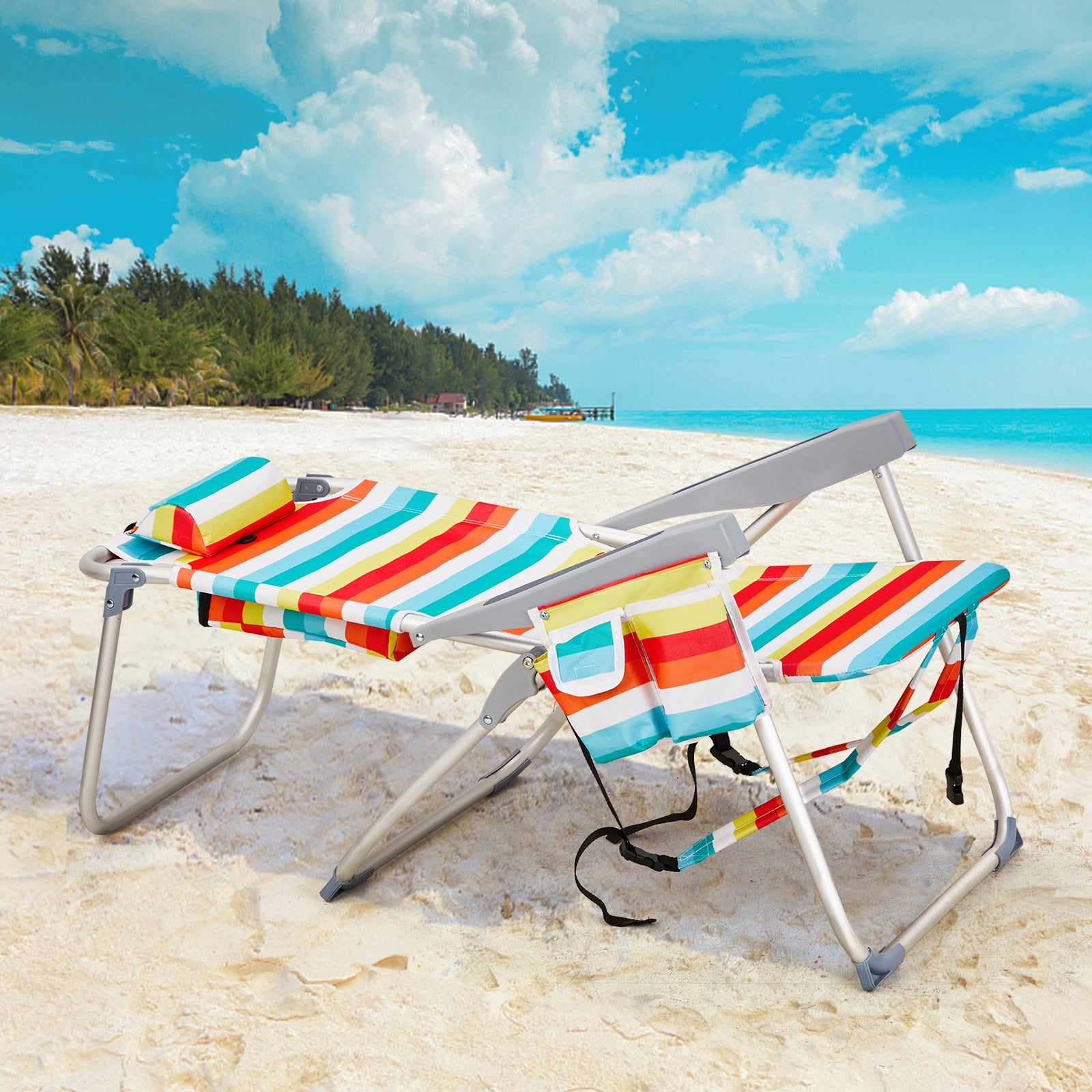 HAOYYE Folding Beach Chair With Rainbow Stripes, Sturdy Aluminum Tube Frame, Lightweight And Easy To Carry, Ideal For Outdoor Activities, Relaxing At The Beach Or Camping