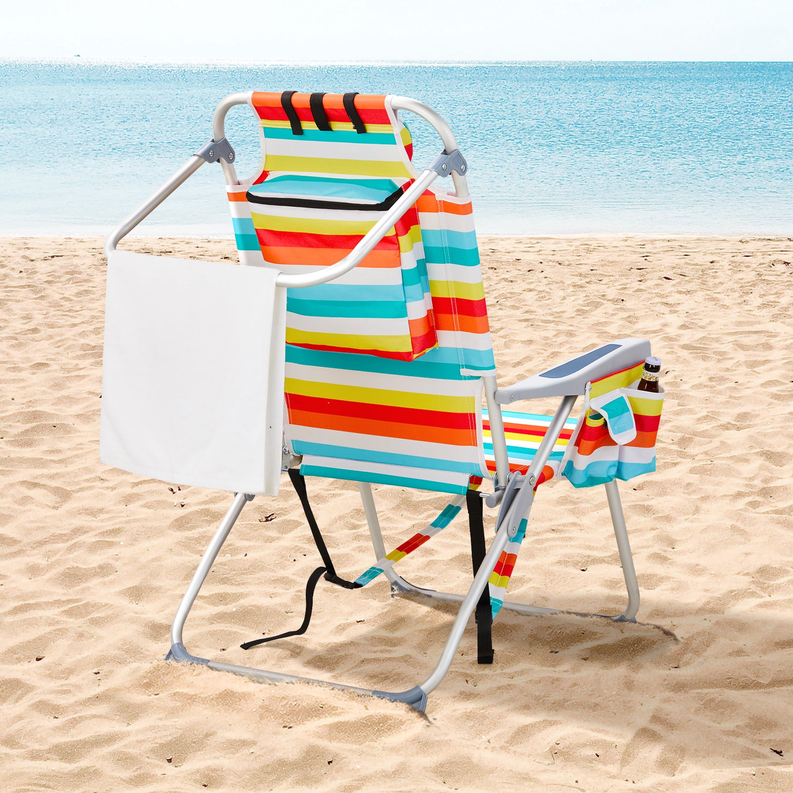 HAOYYE Folding Beach Chair With Rainbow Stripes, Sturdy Aluminum Tube Frame, Lightweight And Easy To Carry, Ideal For Outdoor Activities, Relaxing At The Beach Or Camping